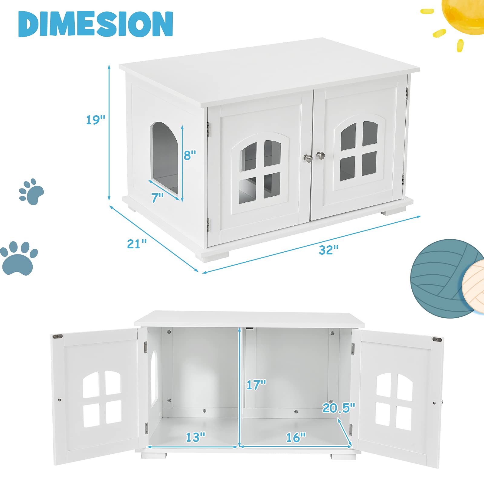 **White Wooden Cat Litter Box Enclosure - Hidden Kitty Washroom Storage Cabinet with Double Doors & Windows - Furniture Bench End Table for Living Room & Bedroom - Perfect for Small Spaces & Pet-Friendly Homes**