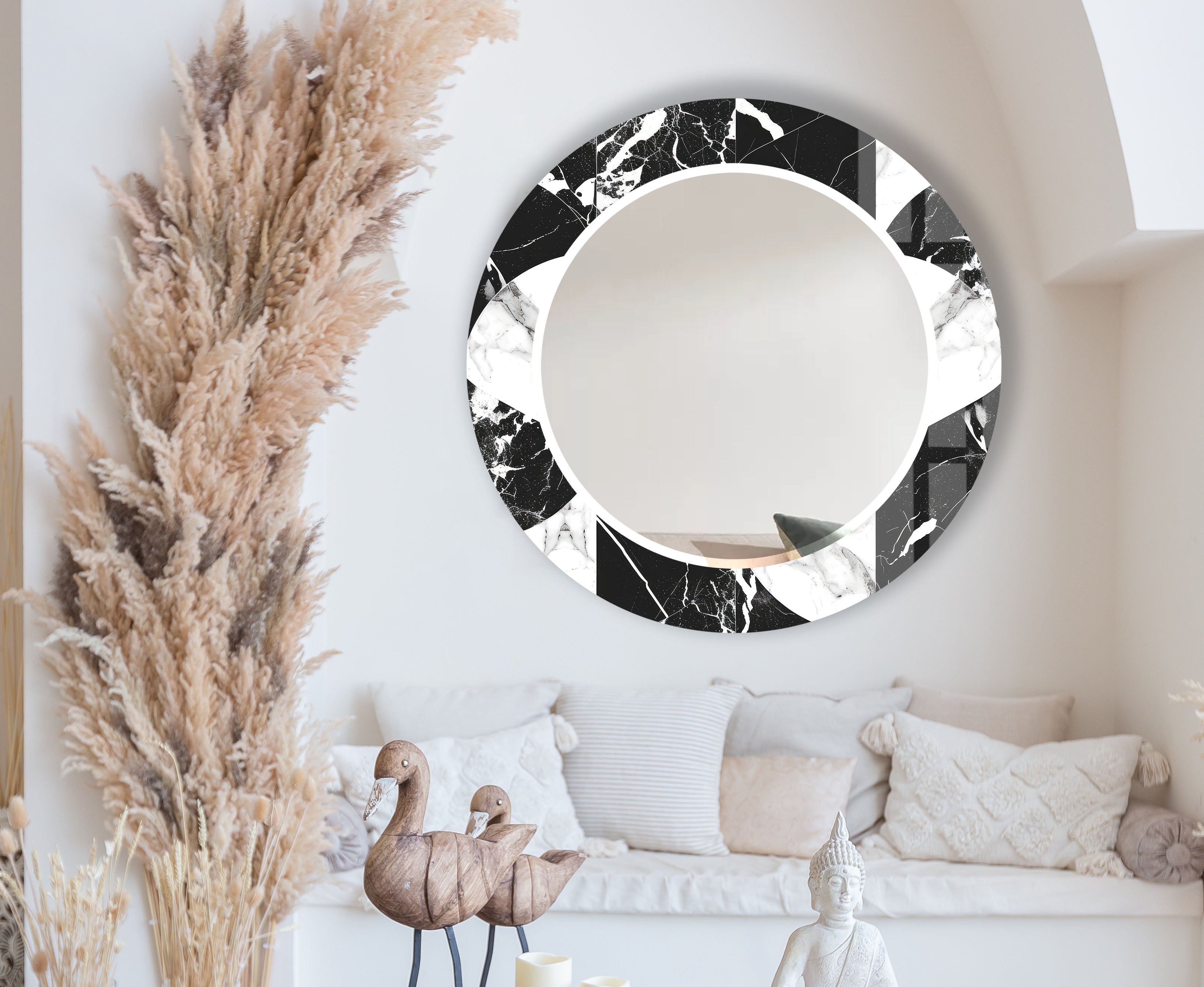 Black & White Marble Round Mirror - Modern Elegant Wall Decor for Living Room, Bedroom & Bathroom | Stylish Home Accent for Contemporary Interiors