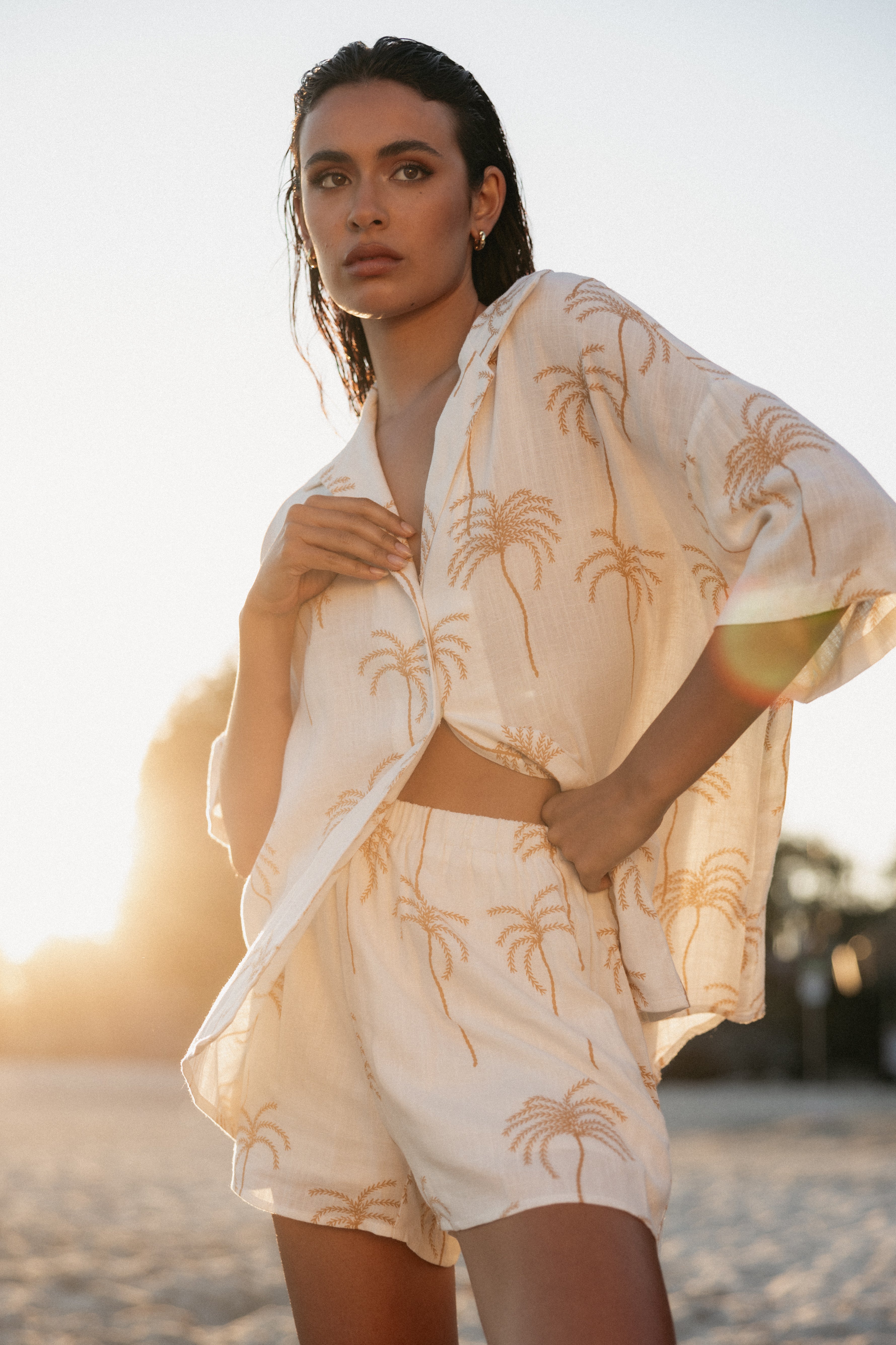 Amira Short Sleeve Shirt - Women's Casual Palm Print Blouse for Summer | Beach Vacation & Tropical Outfit