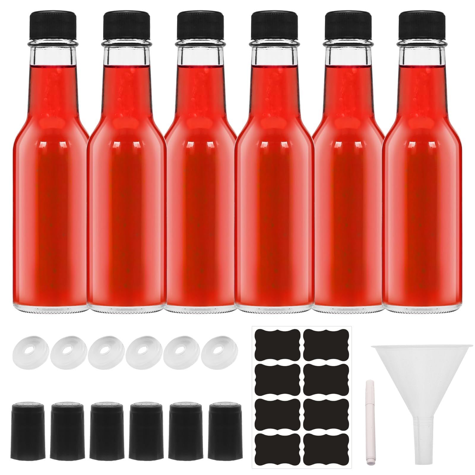 5oz Clear Glass Woozy Bottles with Black Shrink Capsules - Empty Small Beverage Canning Jars for Homemade Syrups, Cocktails & Party Drinks (Pack of 6) - Perfect for DIY Kitchen Projects, Home Brewing & Entertaining