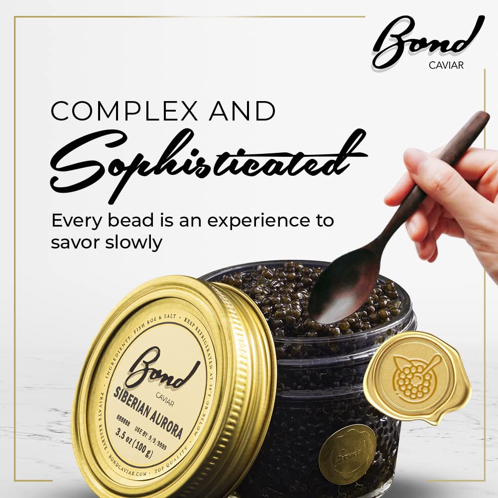 Premium Bond Siberian Osetra Aurora Caviar - World-Renowned Malossol Fish Roe with Sea Salt, Small to Medium Pearls (3.5oz/100g) - Overnight Delivery for Luxury Gifts, Weddings & Special Events - Perfect for Gourmet Dining, Canapés & Fine Dining Experiences