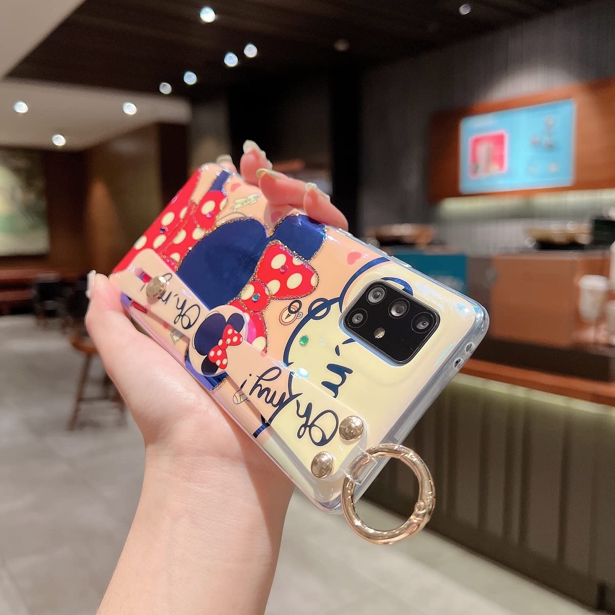 Cute Glitter Bling Shockproof Protective Case for Samsung Galaxy A71 5G (Not 4G & UW Verizon) - Soft TPU Cover with Wrist Strap & Kickstand for Girls & Women - Minnie Design - Perfect for Daily Use, Work & Travel