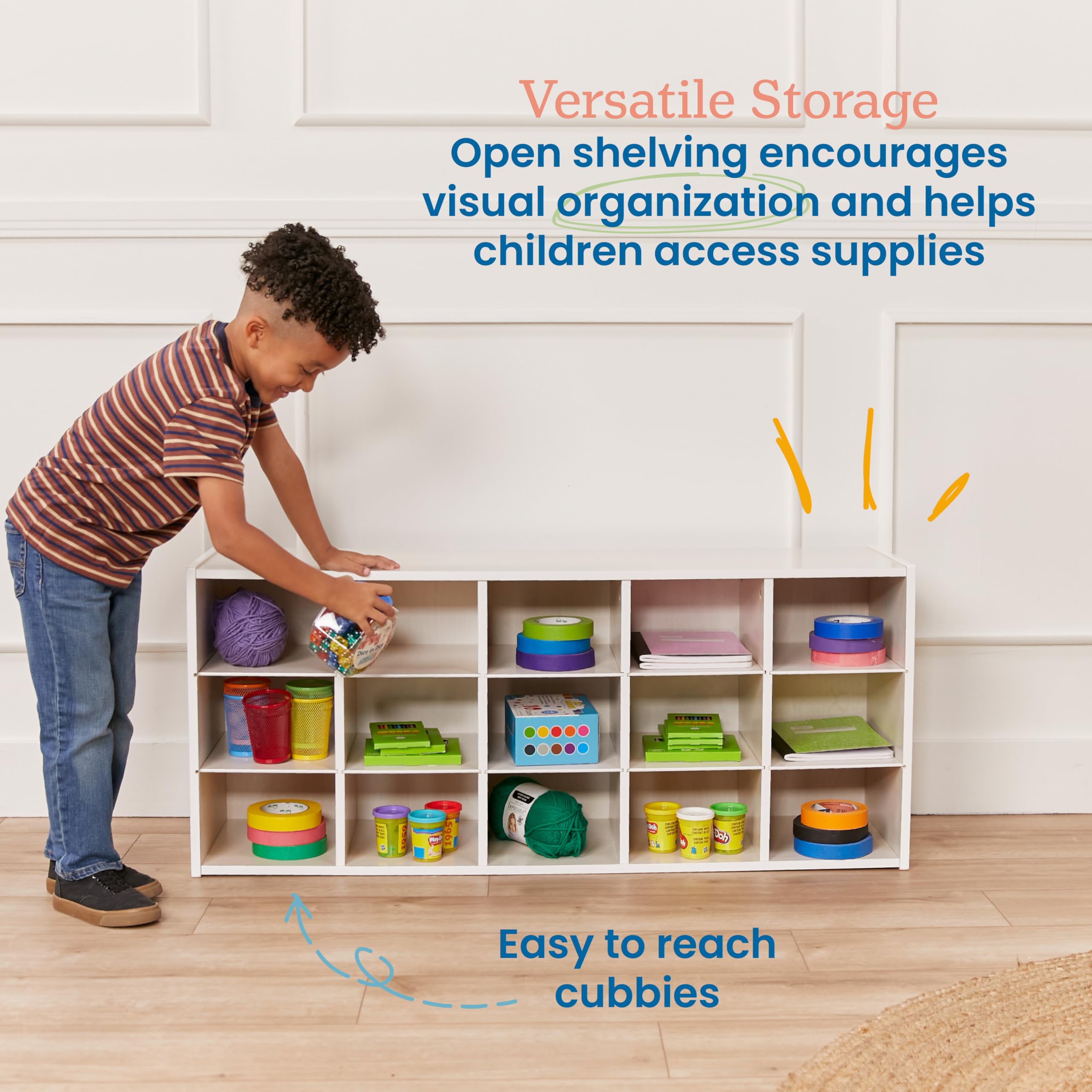 ECR4Kids 15-Cubby Storage Cabinet with Trays, 3x5 Organizer for Classroom, School, or Home - White Wash Finish - Perfect for Toys, Books, and School Supplies Storage