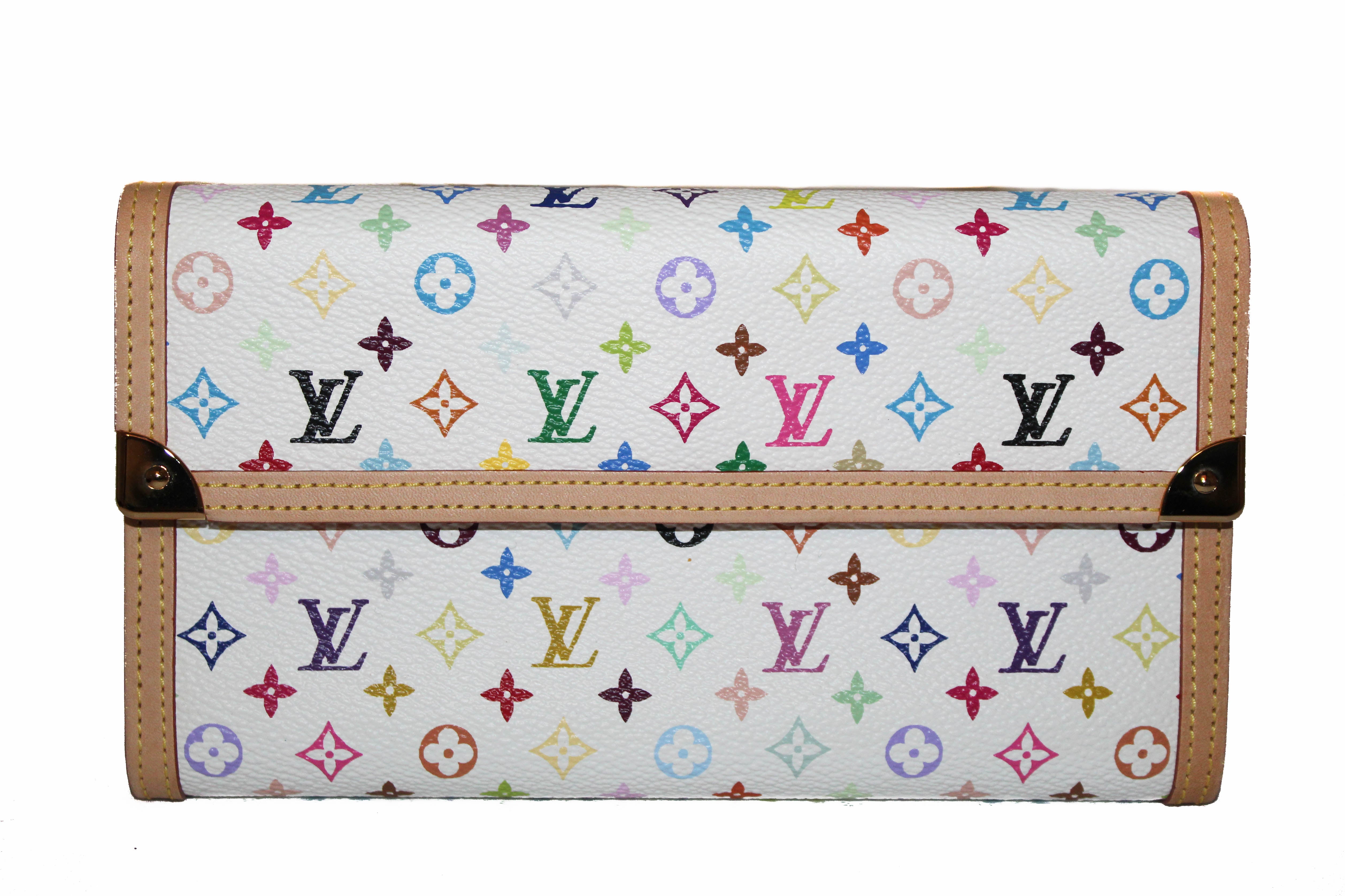 Authentic Louis Vuitton White Multicolore Canvas Tri-Fold PTI Wallet for Women | Luxury Designer Wallet for Everyday Use & Special Occasions