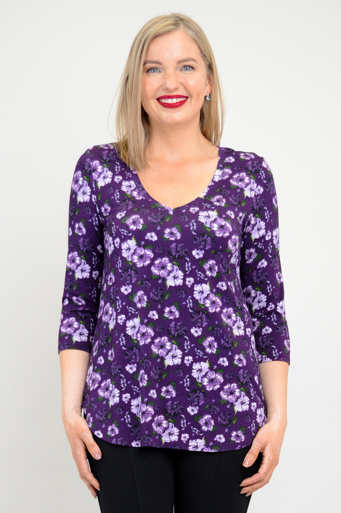 Jackie 3/4 Sleeve Bamboo Top with Hibiscus Print - Women's Comfortable & Breathable Shirt for Yoga, Beach & Summer Outfits