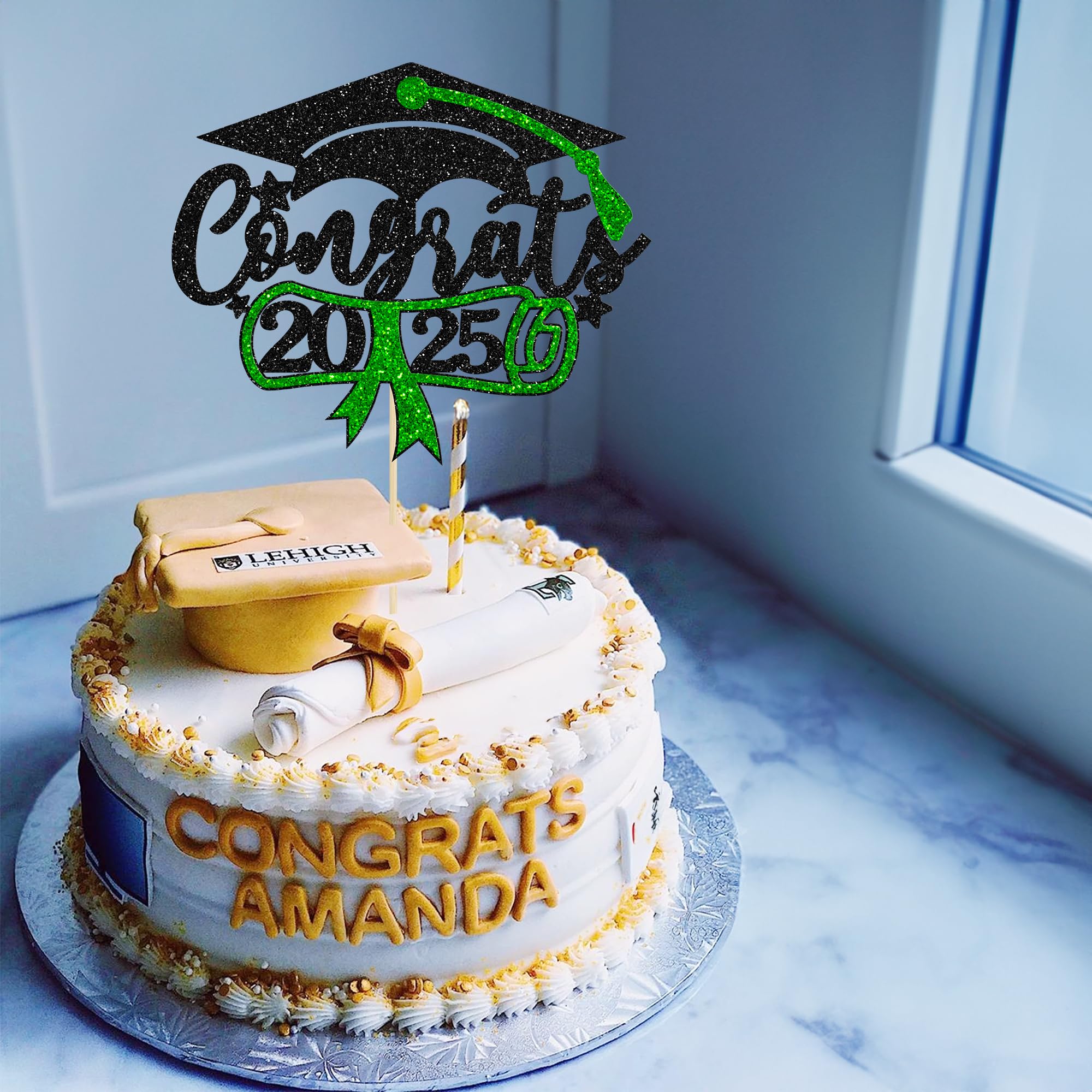 2025 Graduation Cake Topper - Green Glitter Congrats Grad Cap & Diploma Decor for Graduation Party Supplies | Perfect for 2025 Graduation Cakes, Cupcakes & Dessert Table Decorations