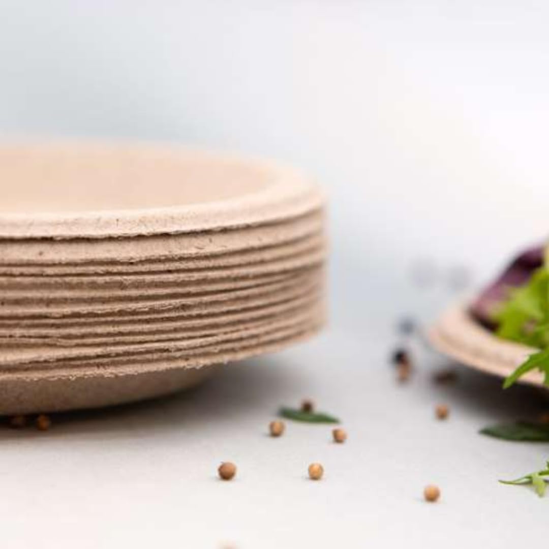 Eco-Friendly Disposable Plates - 9 Inch, 50 Pack | 100% Compostable & Biodegradable Natural Fiber Plates for Parties, Weddings, Picnics, Snacks & Dinner | Elegant Beige Tableware for Sustainable Celebrations