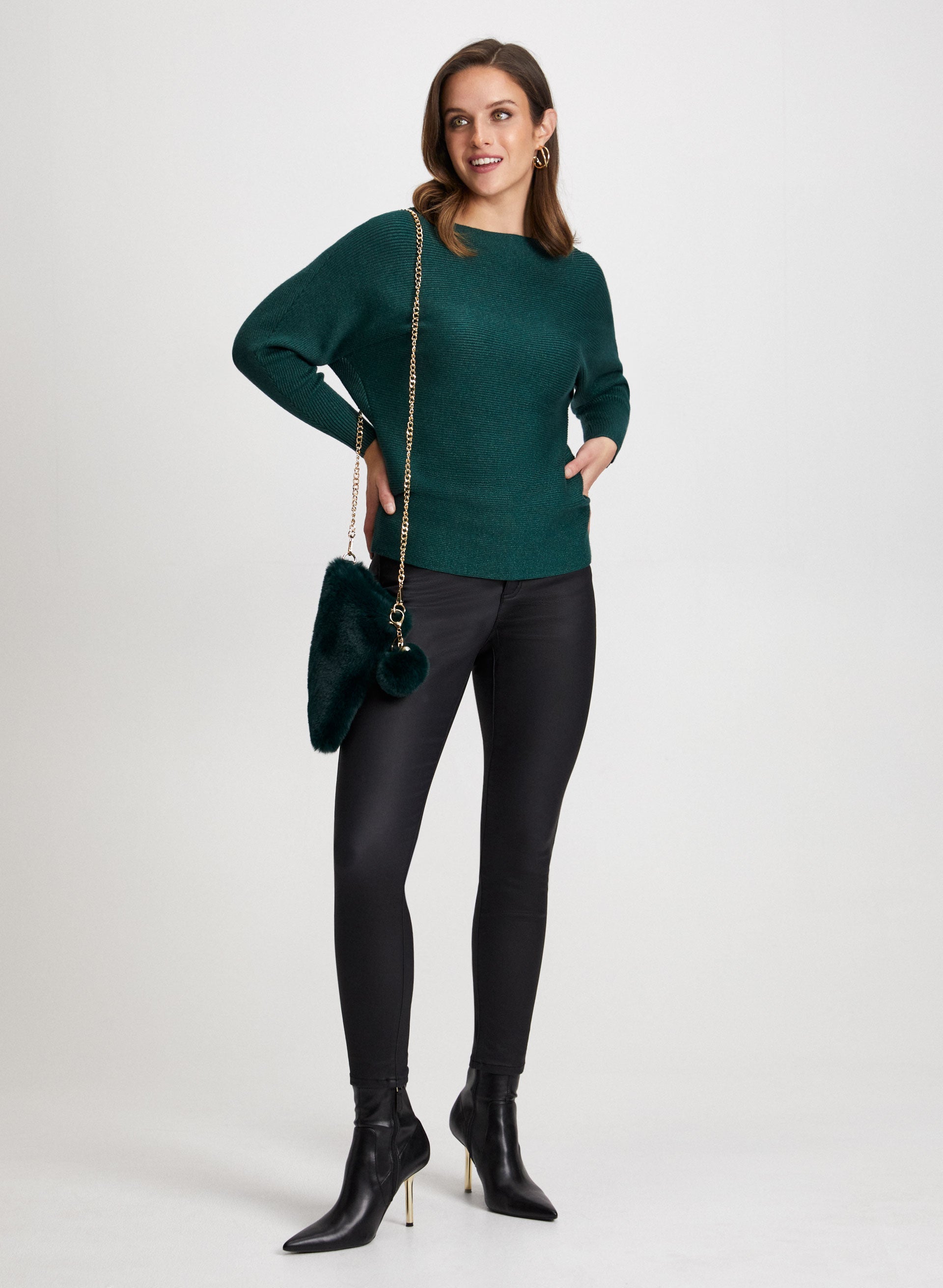 Women's Dolman Sleeve Knit Sweater & Faux Leather Coated Jeans Set - Casual Chic Outfit for Fall Winter Fashion | Perfect for Office, Date Night & Weekend Wear