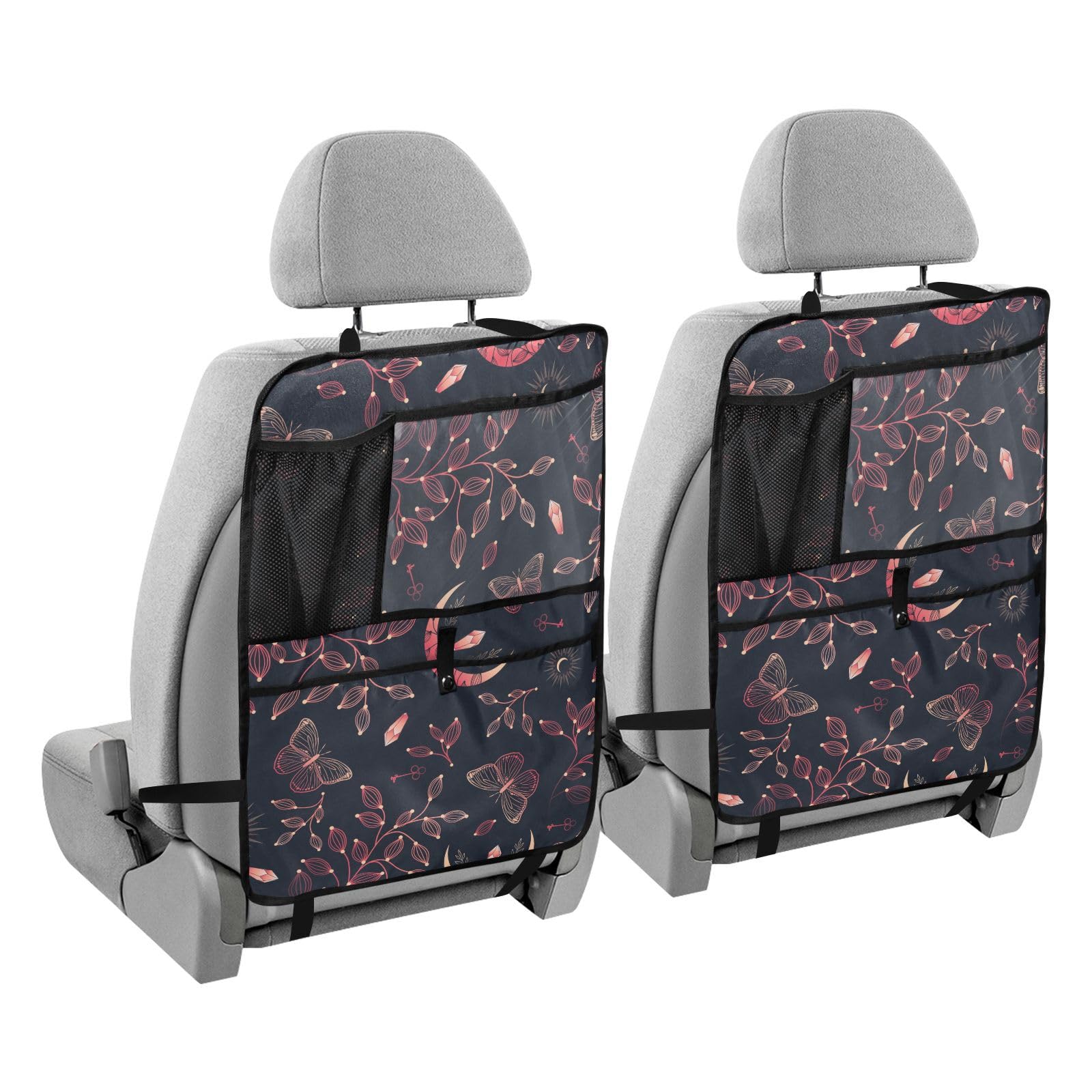 Moon Crystal Print Car Seat Back Organizer - 2 Pack Seatback Protector with Multiple Pockets for Tablet, Bottle, Tissues & Books (25x18 Inch) - Perfect for Road Trips, Family Travel & Daily Commute