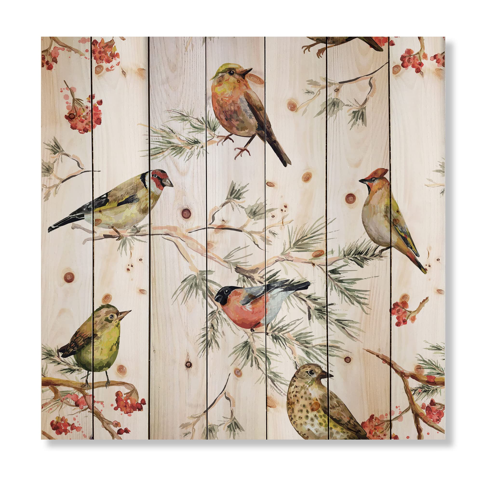 DesignQ Forest Birds on Branches Wood Wall Art - Traditional White Wooden Wall Decor with Large Animal Prints on Natural Pine Panels - Perfect for Living Room, Bedroom & Office Decoration