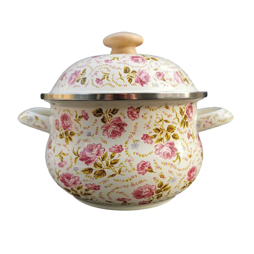 Vintage Style Enamel Stock Pot with Floral Design - 1PC Thickened Enamel Cooking Pot for Soup, Stew & Kitchen Use - Durable Enamelware Serving Pot for Home Cooking & Camping