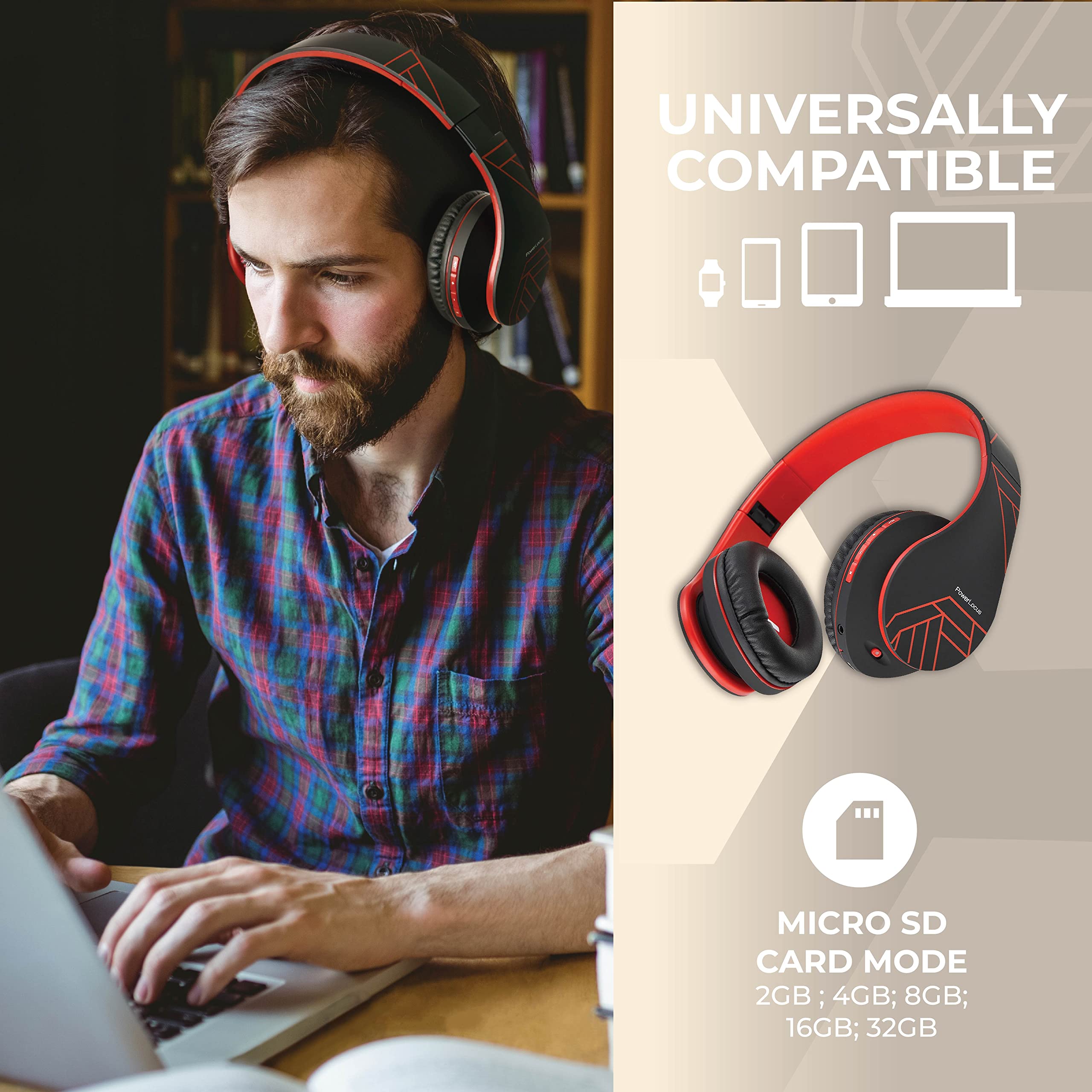 PowerLocus Bluetooth Over-Ear Headphones - Wireless & Wired Stereo Headset with Built-in Mic, Foldable Design, Micro SD/TF & FM Radio - Compatible with iPhone, Samsung, iPad, PC (Black/Red) - Perfect for Travel, Workouts & Home Entertainment