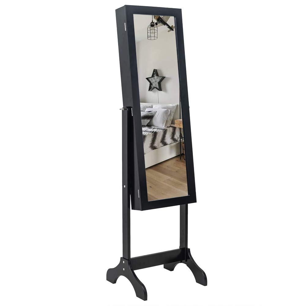 Adjustable Mirror Jewelry Cabinet with 4-Layer Shelves - Space Saving Jewelry Organizer & Storage Solution for Bedroom, Bathroom or Dressing Room (Black)