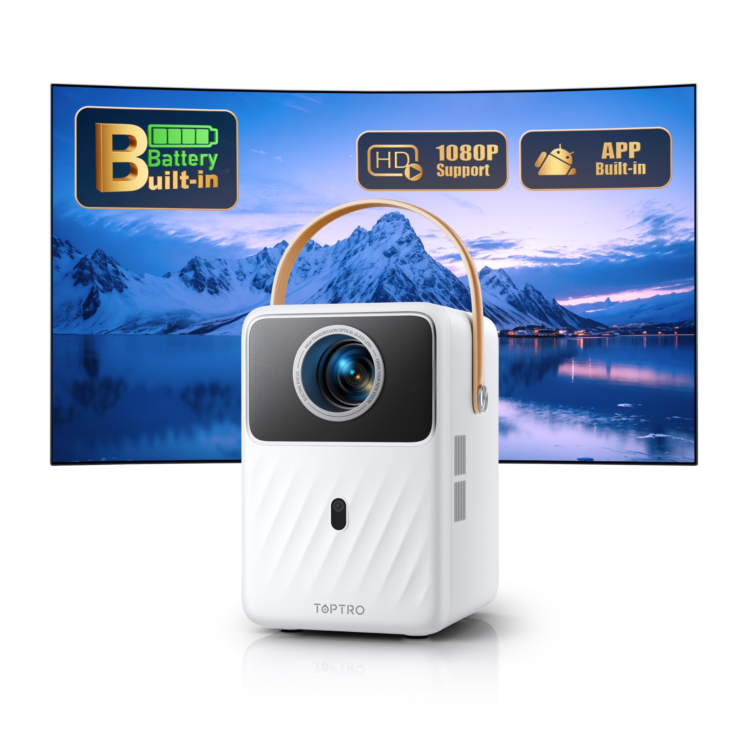 TOPTRO Smart Mini Projector with Built-in Battery, WiFi & Bluetooth - 1080P HD Portable Movie Projector with Auto Focus & Keystone | Perfect for Outdoor Movies, Home Theater, and Business Presentations - Compatible with Phones & TV Sticks