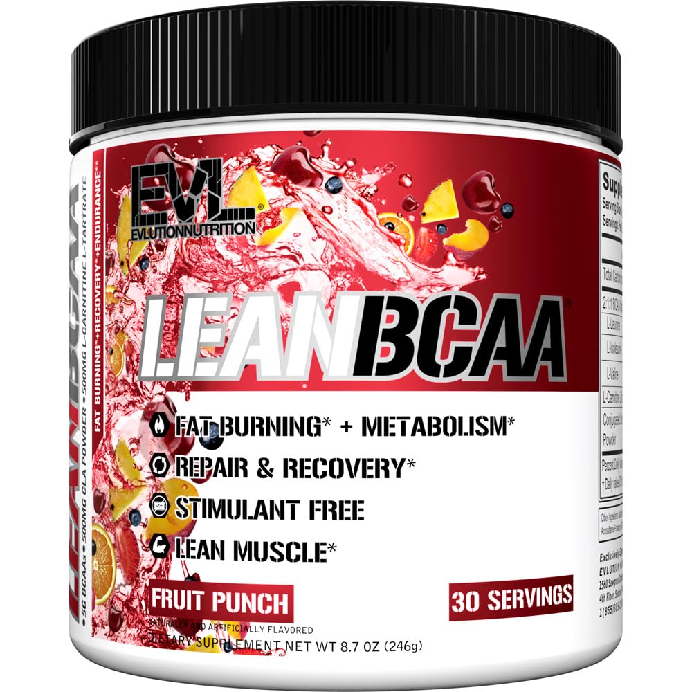 Evlution Stimulant-Free Lean BCAA Powder with CLA & Carnitine - 2:1:1 Branched Chain Amino Acids for Muscle Recovery, Fat Burn & Metabolism - Fruit Punch Flavor - Ideal for Post-Workout Recovery & Weight Management