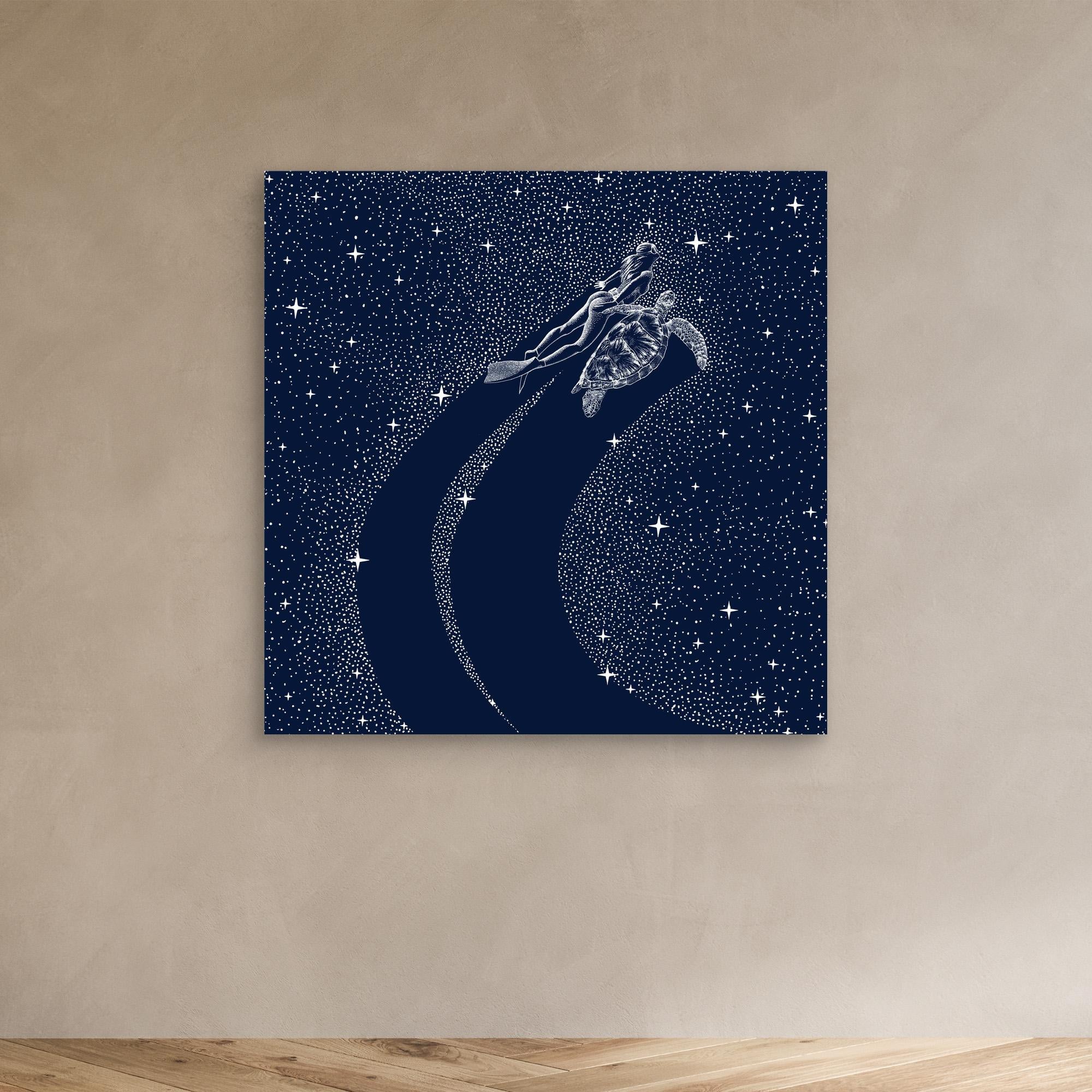 Starry Turtle and Diver Canvas Print by Alirıza Çakir - Ocean Themed Wall Art for Living Room, Bedroom & Office Decor