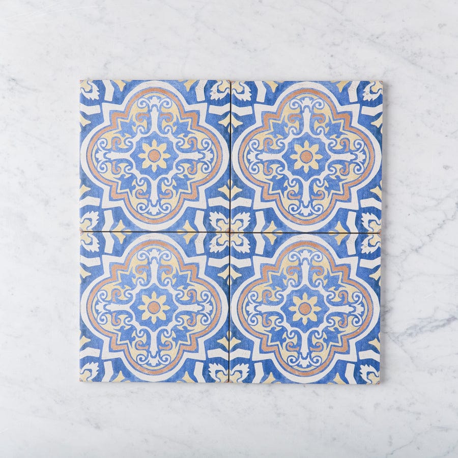 Premium Cowra Blue Encaustic Look Ceramic Tile - Vintage Style Floor & Wall Tile for Bathroom, Kitchen, and Backsplash Design