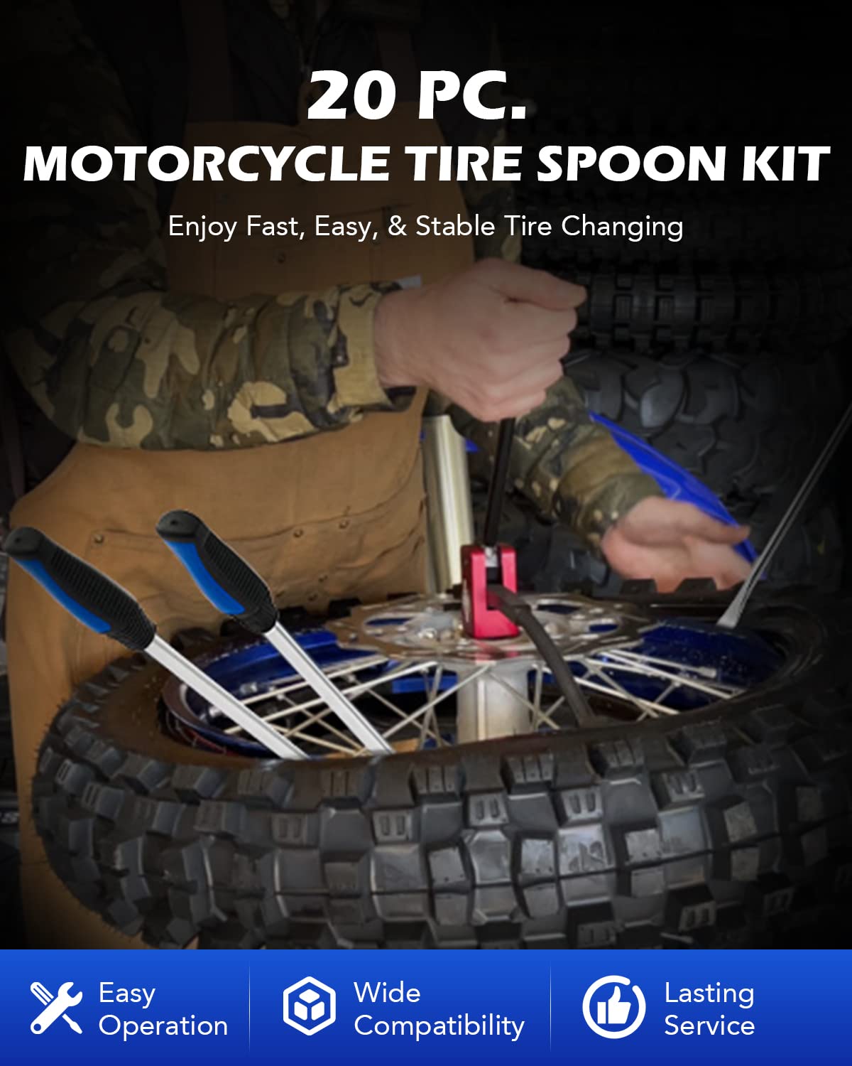 Orion Motor Tech 20-Piece Tire Spoon Kit - Heavy Duty Motorcycle, Dirt Bike, Lawn Tractor & Bicycle Tire Changing Tools with 11.5