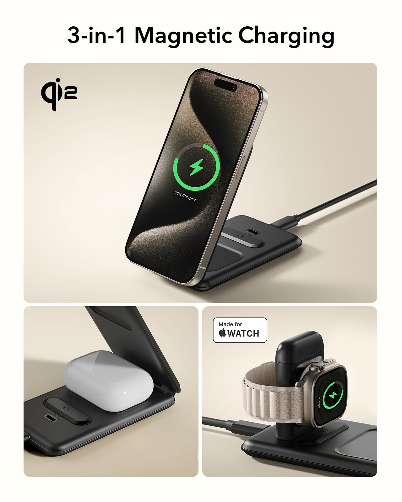 ESR Qi2 Certified 3-in-1 Wireless Charging Station - MagSafe Charger Stand for iPhone 16/15/14/13/12, Apple Watch & AirPods 4/3 (Black) | Fast Charging for Home, Office & Travel Accessories