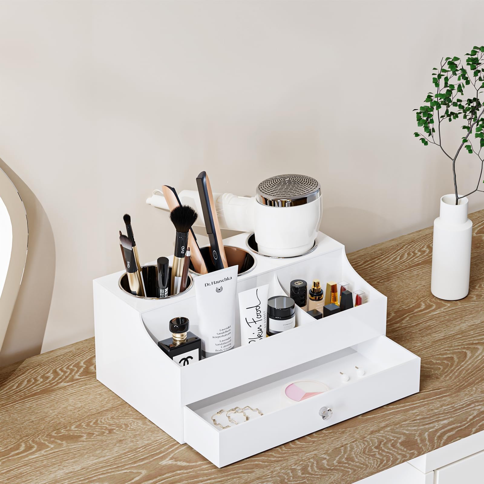 **Acrylic Hair Tool Organizer Stand for Blow Dryer, Straightener & Curling Iron – Bathroom Vanity Countertop Storage for Hair Styling Tools & Makeup Accessories (White) – Perfect for Salon, Home & Travel Use**