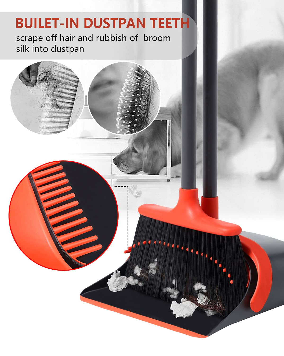 **Heavy Duty Broom and Dustpan Set with Extension Pole - Foldable, Built-in Teeth for Easy Cleaning - Ideal for Home, Office, Lobby - Space-Saving Storage Design**    *(Perfect for pet hair, hardwood floors, and quick clean-ups in kitchens, garages, and entryways!)*