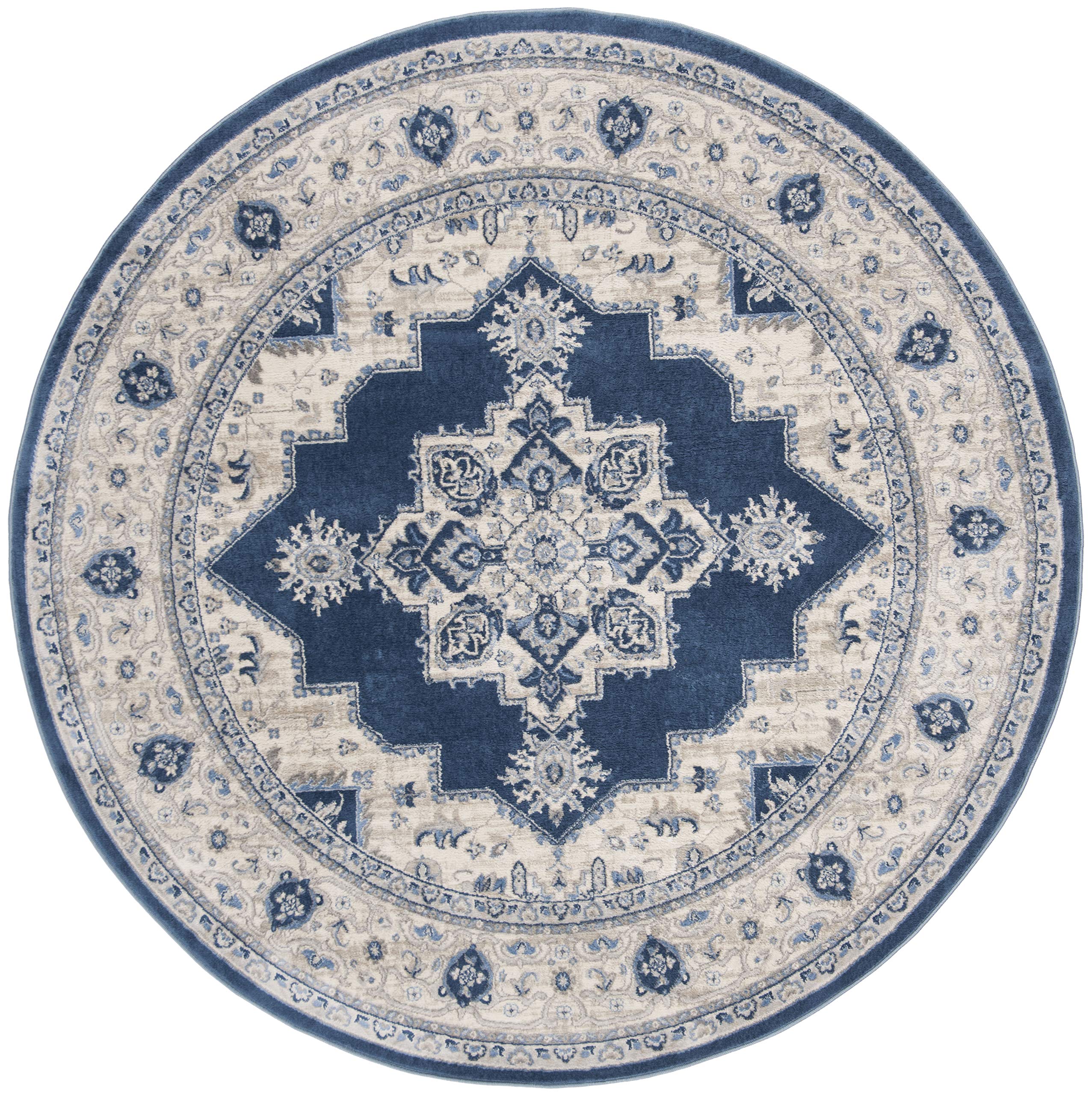 SAFAVIEH Brentwood Collection 9' Round Navy & Cream Medallion Distressed Non-Shedding Area Rug - Perfect for Dining Room, Entryway, Foyer, Living Room & Bedroom Decor