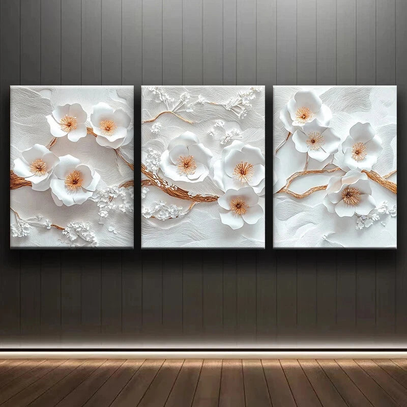 3-Piece Abstract Floral Metal Wall Art - White & Yellow Framed Canvas Prints - Ready to Hang for Living Room, Bedroom & Office Decor