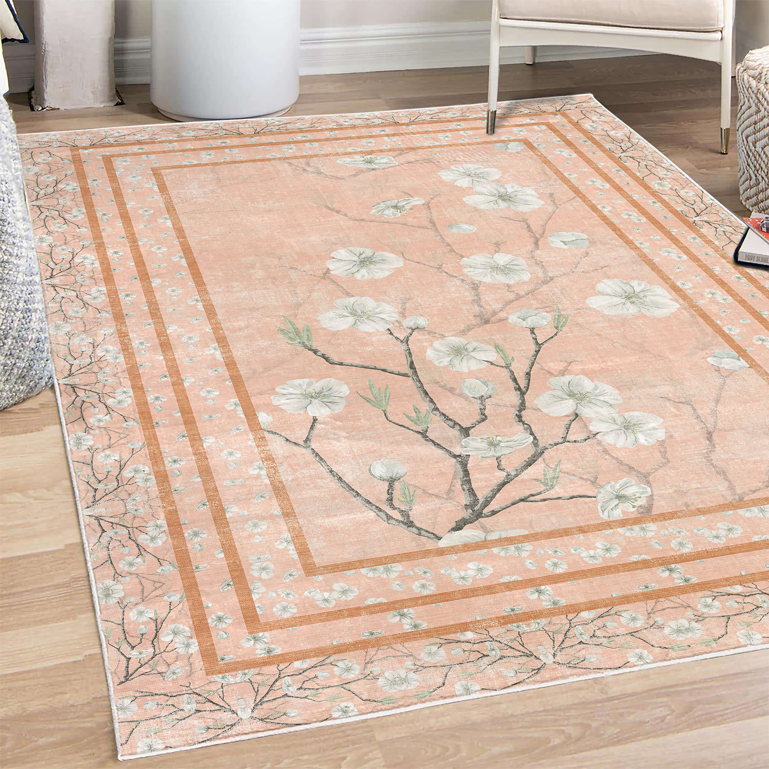 Ambesonne Floral Area Rug - Spring Apple Blossom Design with Nature-Inspired Branches, Soft Non-Slip Carpet for Bedroom, Living Room, Dorm (5'1