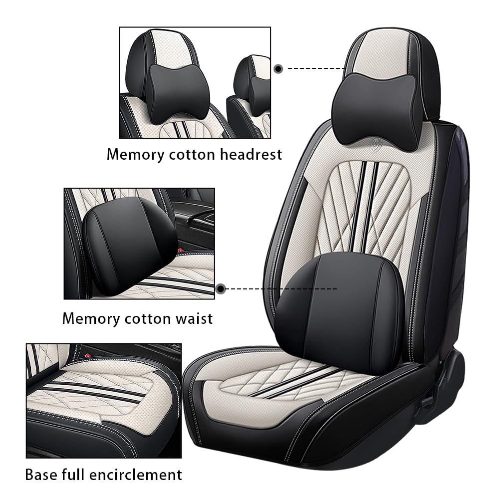 Premium Napa Leather Waterproof Car Seat Cover for Chevy Colorado 2004-2023 - Anti-Slip, Airbag Compatible, Easy to Install with 2 Headrests & 2 Back Pillows (Beige Black) - Perfect for Road Trips, Daily Commutes & Off-Road Adventures