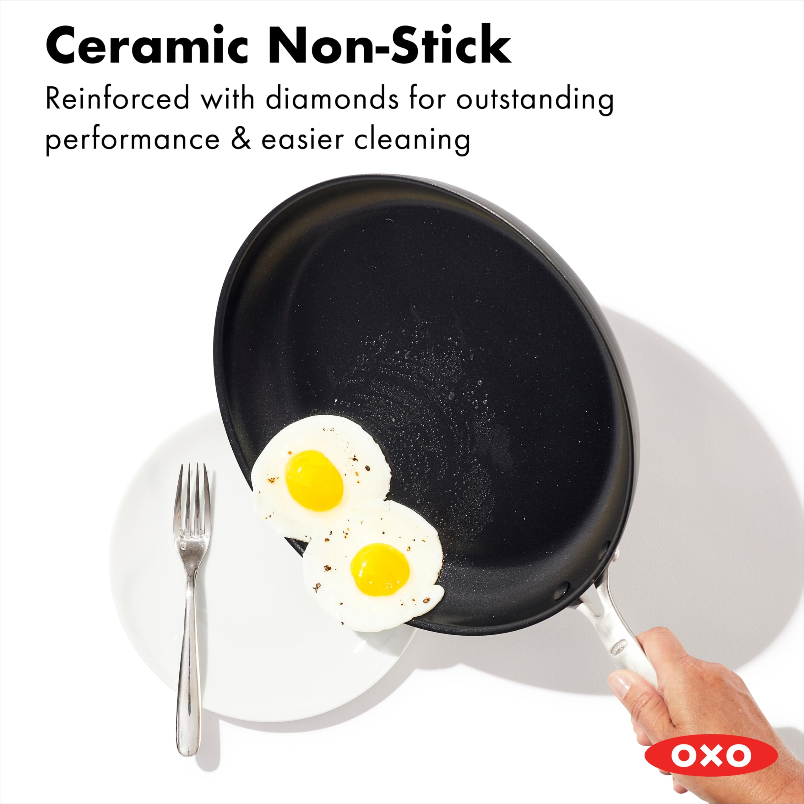 OXO Enhanced 10-Piece Non-Toxic Cookware Set - PFAS-Free Ceramic Nonstick Coating, Durable Hard Anodized Aluminum Pots & Pans with Stainless Steel Handles, Scratch Resistant & Dishwasher Safe - Oven Safe to 500°F - Perfect for Healthy Cooking, Frying, Boiling & Baking in Modern Kitchens