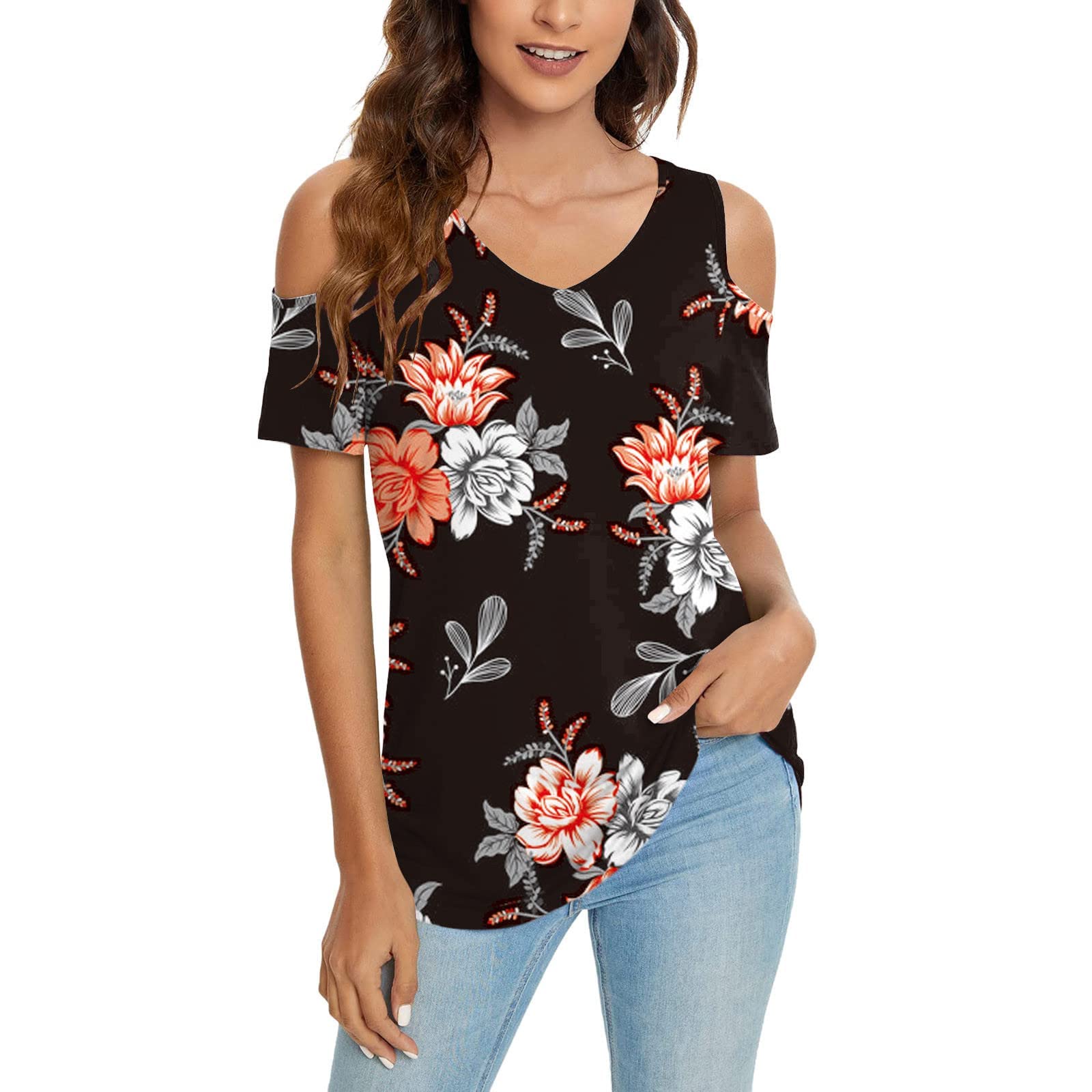 Women's Summer Cold Shoulder Tops 2022 - Floral Print V-Neck Short Sleeve Loose Fit T-Shirts | Casual Going Out Tees for Beach, Party & Date Night