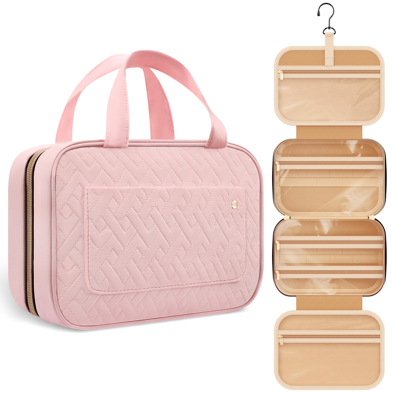 HOTOR Hanging Travel Toiletry Bag for Women - Waterproof Cosmetic Organizer with Hook, Portable Makeup Case | Perfect for Vacation, Business Trips & Gym Essentials (Pink)