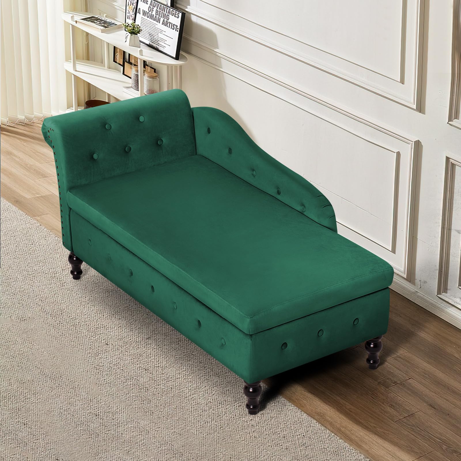Velvet Upholstered Chaise Lounge with Left Armrest & Lumbar Pillow - Button Tufted Storage Sofa, Modern Lounge Chair for Bedroom, Living Room & Office - Green | Perfect for Small Spaces, Reading Nook & Relaxation