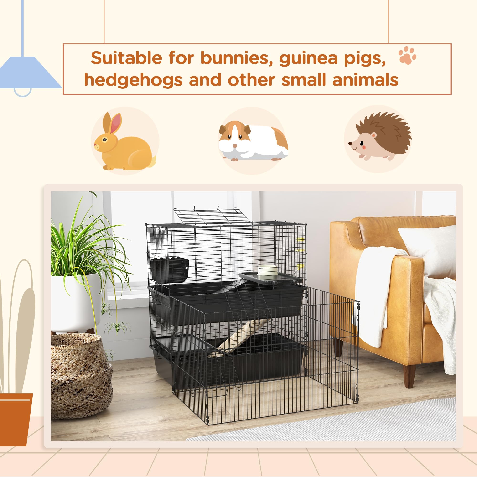PawHut Small Animal Cage with Playpen - Multi-Level Indoor Pet Habitat for Guinea Pigs, Hedgehogs, Rabbits | Includes Water Bottle, Food Dish, Feeding Trough | Perfect for Small Pet Playtime & Safe Indoor Housing