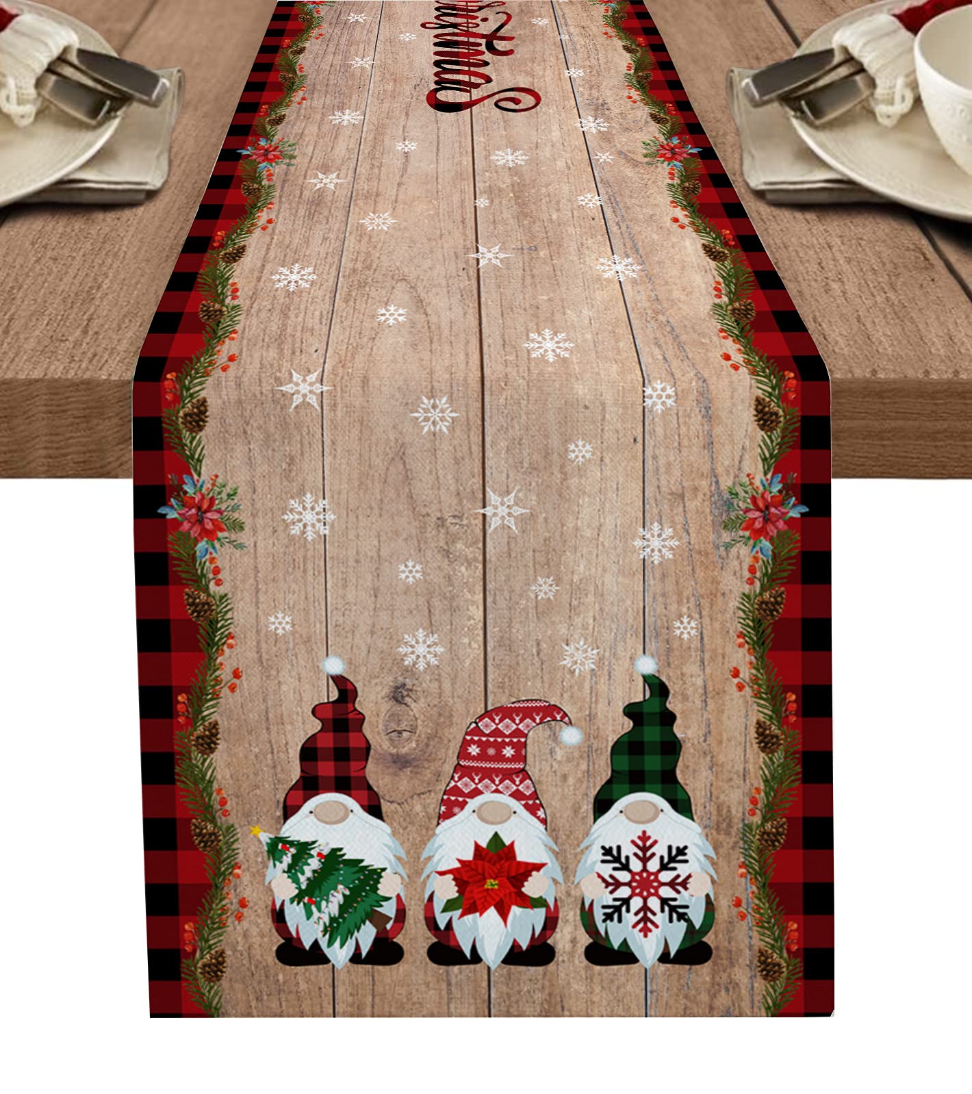 Queenker Christmas Table Runner - Cute Gnome Rustic Wooden Table Scarf, 13x90 Inch Holiday Dining Table Decor for Living Room, Winter Party & Festive Home Decoration | Perfect for Christmas Dinner, Holiday Gatherings & Cozy Home Styling