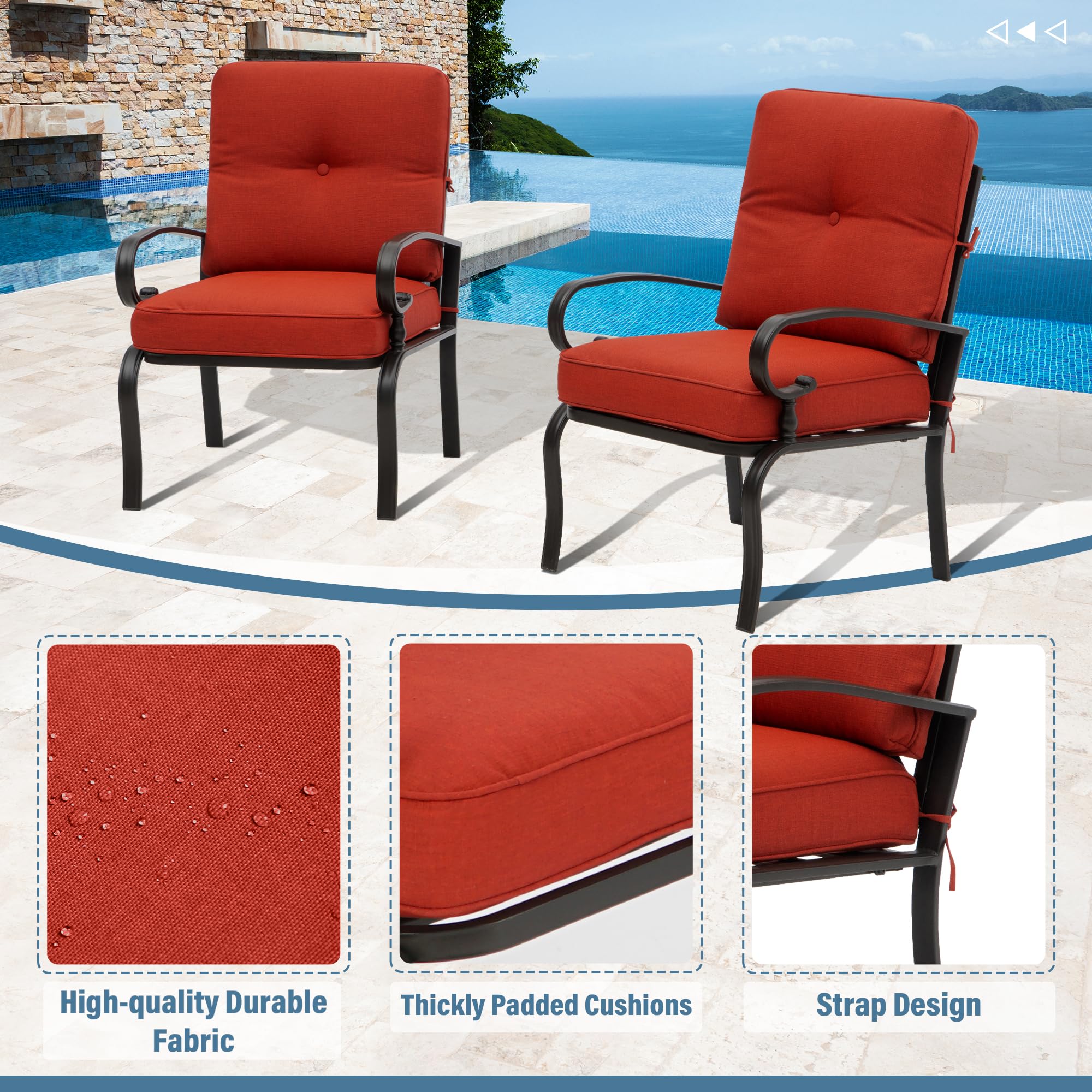 2 Pcs Outdoor Patio Dining Chairs Bistro Set - Wrought Iron All-Weather Garden Seating with Red Cushions - Perfect for Backyard, Balcony, and Cafe Outdoor Dining