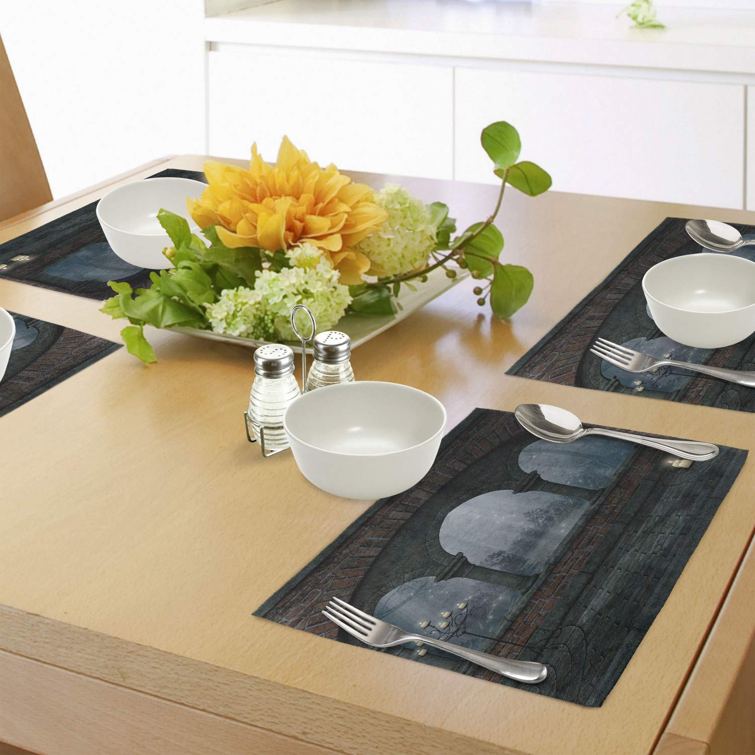 Ambesonne Gothic Placemats Set of 4 - Medieval Castle at Night with Old Arch & Candles, Middle Age Misty Design, Washable Fabric for Dining Room & Kitchen Table Decor in Blue Grey & Red | Perfect for Halloween, Gothic Themed Dinners & Medieval Decor
