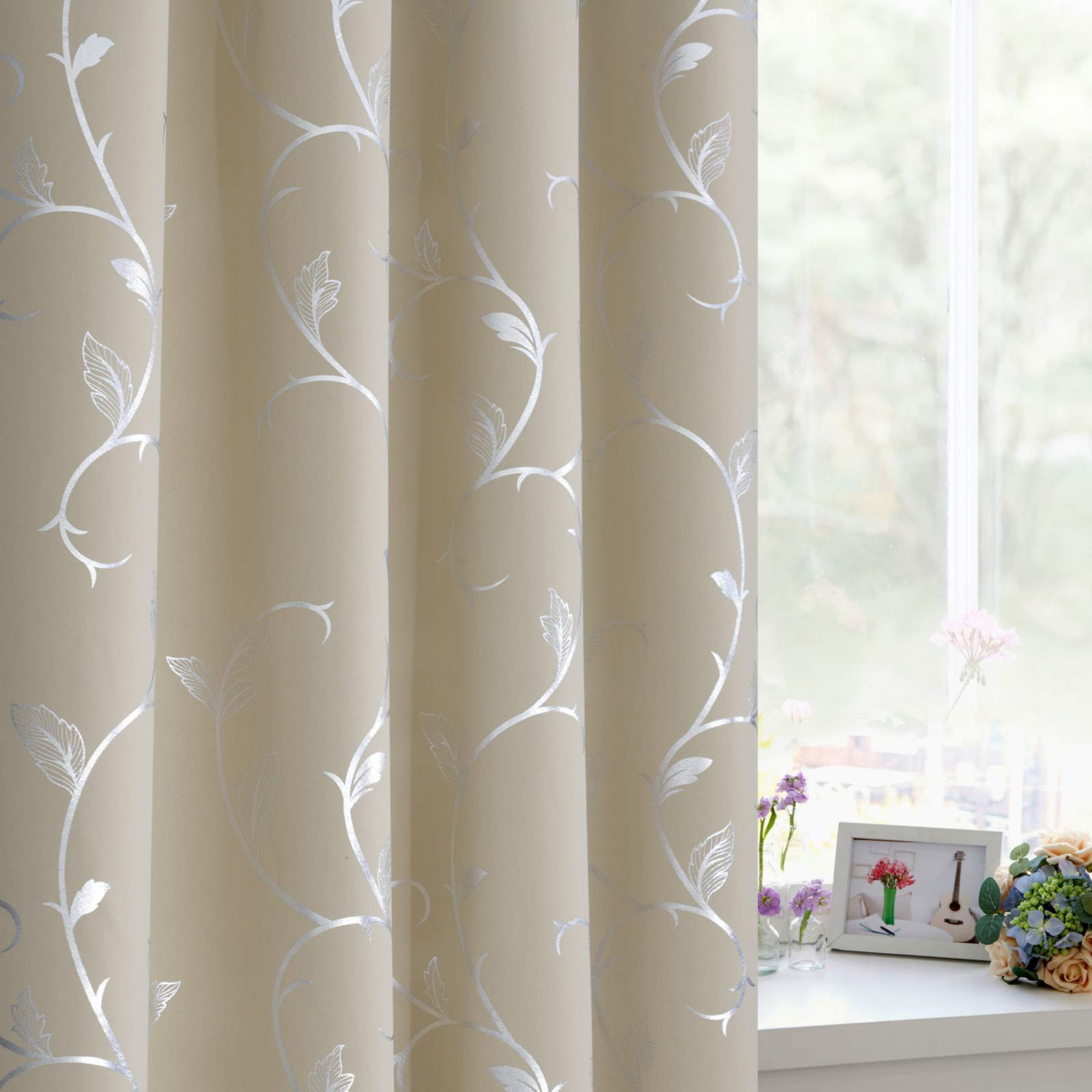 BUHUA Grommet Top Blackout Curtains - Floral Vine Print Room Darkening Window Drapes for Living Room, Bedroom & Nursery - 38x96 Inches (1 Pair) - Perfect for Light Control, Privacy & Home Decor