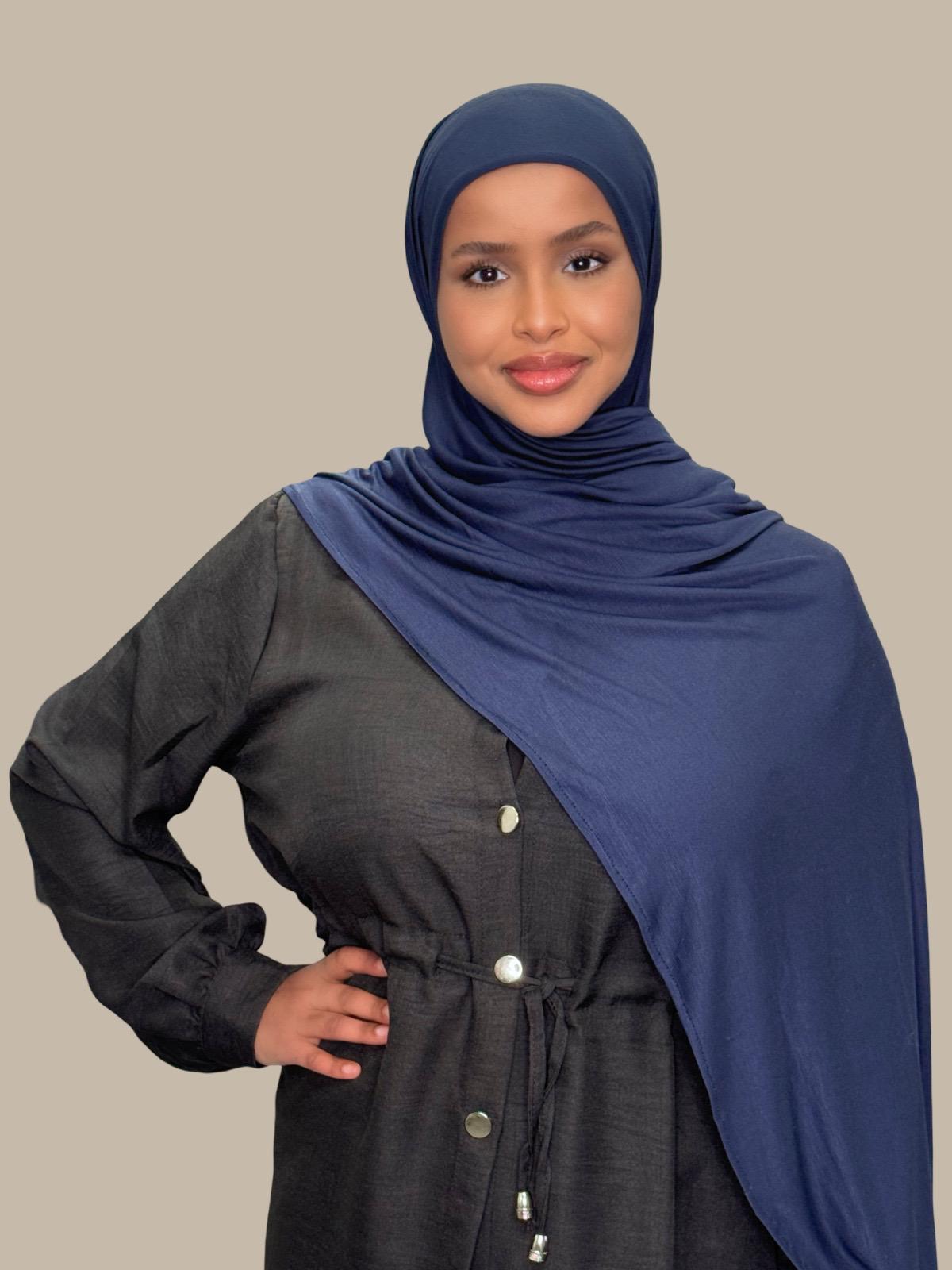 Premium Pre-Sewn Jersey Hijab Scarf - Soft & Comfortable Navy Blue Muslim Headscarf for Women - Perfect for Daily Wear, Work, and Prayer