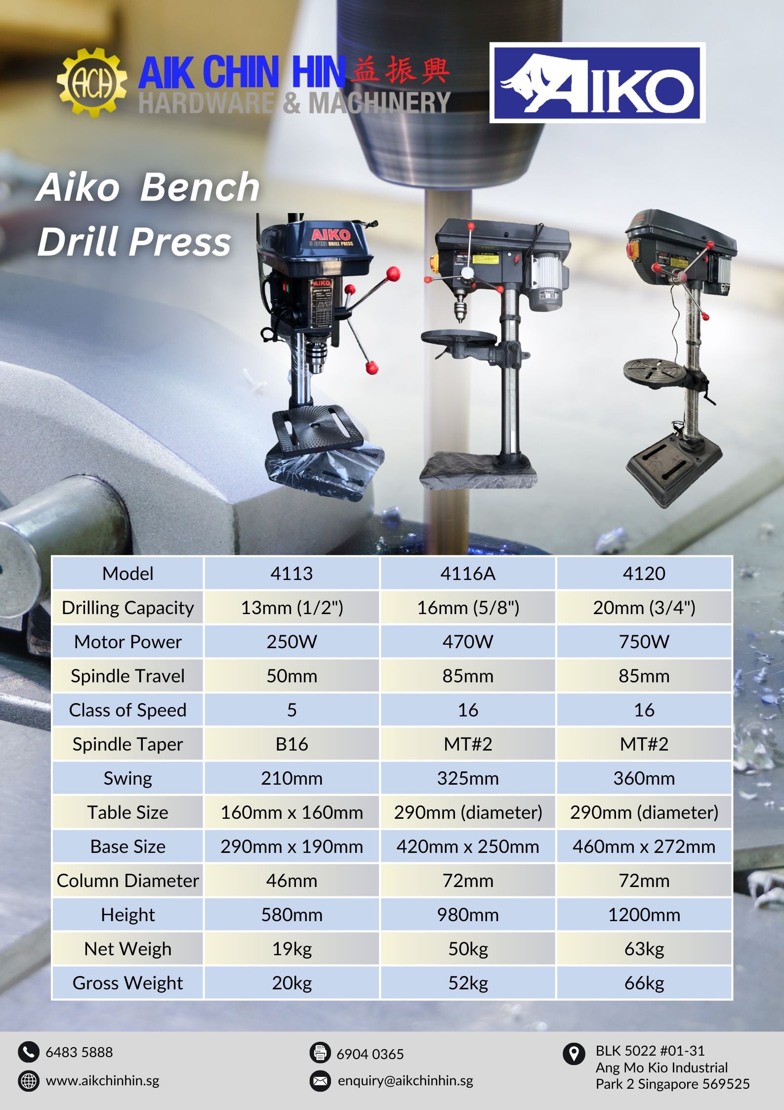 Aiko 13mm 1/4HP Heavy Duty Bench Drill Press - Model 4113 | Precision Drilling for Woodworking, Metalworking & DIY Projects