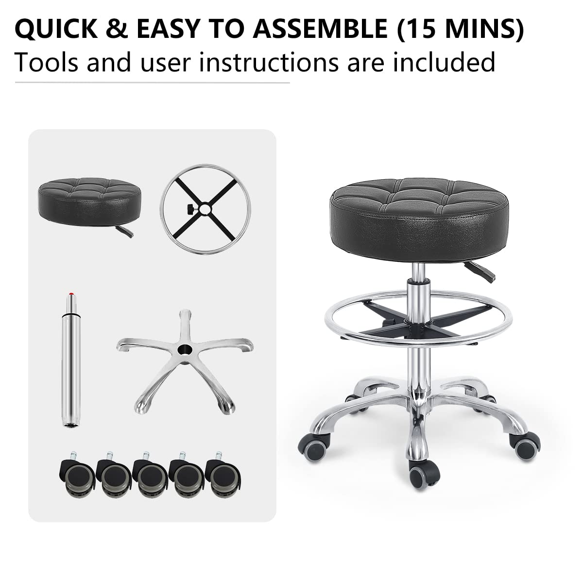 Grace & Grace Heavy Duty Adjustable Rolling Swivel Stool Chair with Wheels & Foot Ring - Ergonomic Work Stool for Salon, Massage, Factory, Workshop, Office & Home Use (Black) - Perfect for Hairdressers, Therapists & Industrial Workers