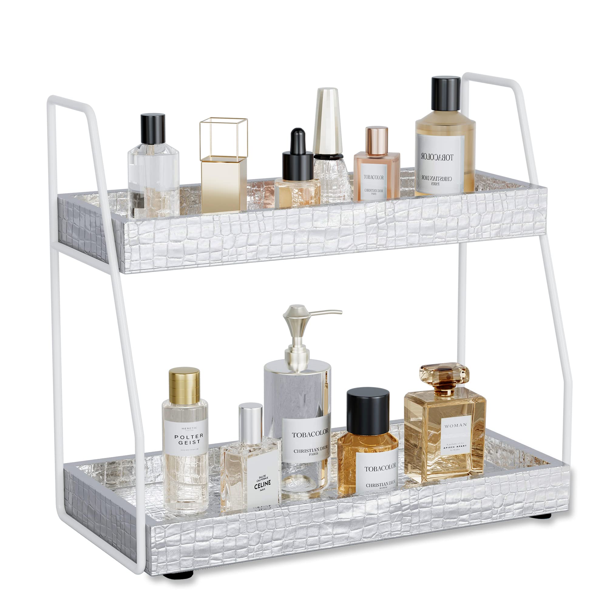 Premium 2-Tier Bathroom Countertop Organizer - Faux Leather Makeup & Vanity Storage Tray with Non-Slip Base (Silver) | Perfect for Cosmetics, Jewelry & Skincare Organization in Bathroom, Bedroom or Dressing Table