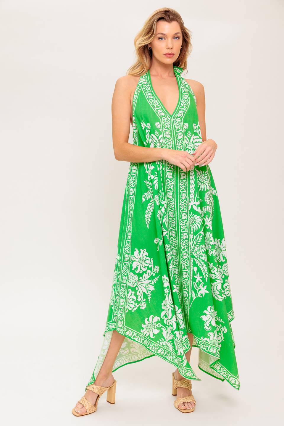 Island Tides Handkerchief Hem Halter Dress - Green | Flowy Summer Dress for Beach, Vacation & Casual Outings