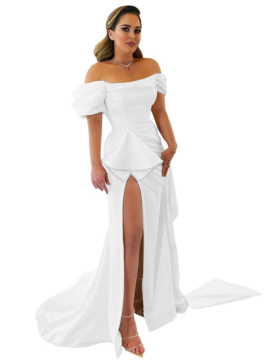 Elegant Off-Shoulder Beaded Puffy Sleeve Mermaid Prom Dress - Satin Long Evening Gown with High Slit for Women | Formal Wedding & Homecoming Party Wear 2024