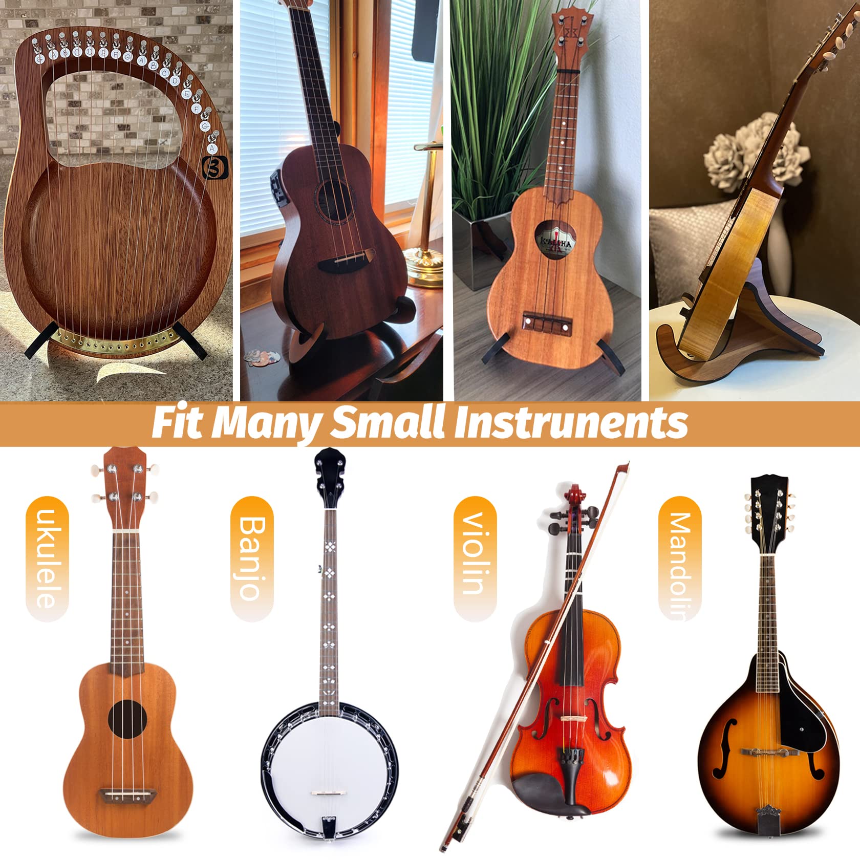 2 Pack Wooden Ukulele Stand Holder - Folding Portable Instrument Stand for Ukulele, Violin, Mandolin & Banjo - Perfect for Home, Studio & Travel Use
