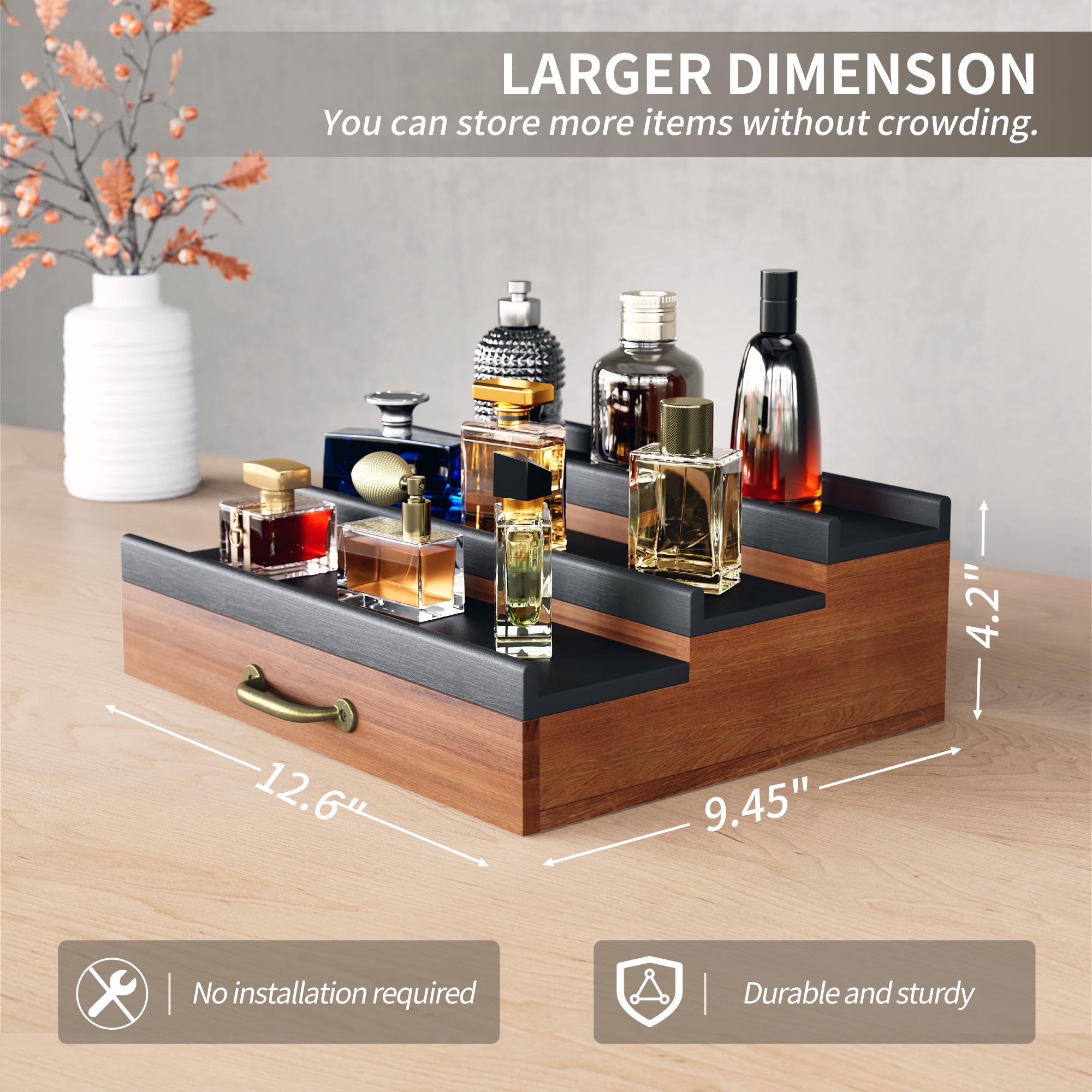 Premium Wooden Cologne Organizer for Men - Perfume Display Stand with Hidden Compartment & Drawer - Dresser Storage Riser for Fragrance Bottles - Perfect Gift for Him, Husband or Boyfriend (Brown) - Ideal for Bedroom Vanity, Bathroom Counter or Dresser Top Organization