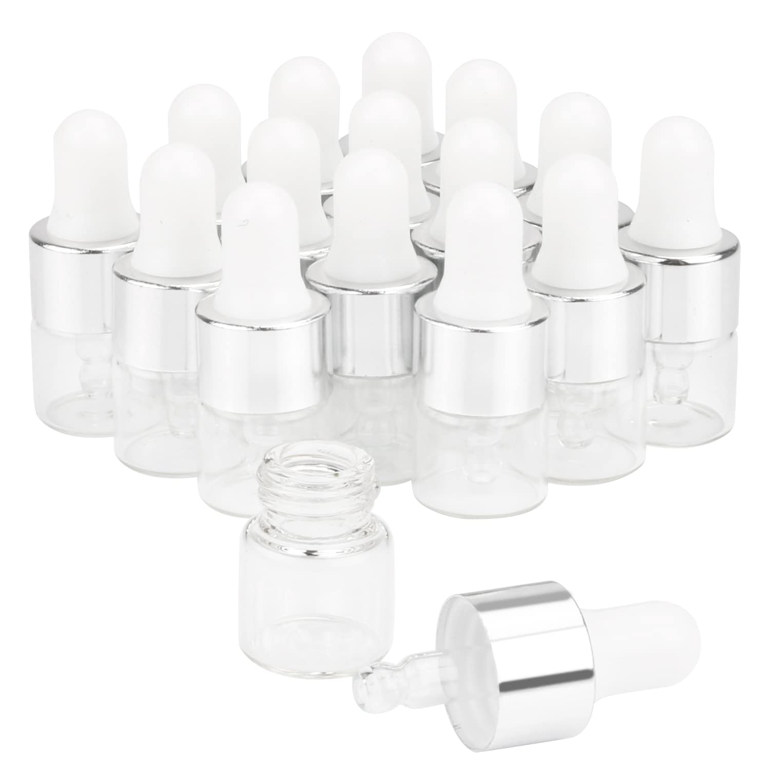 15 Pcs 1ml Clear Glass Dropper Bottles with Silver Lids - Essential Oil Bottles, Aromatherapy Perfume Vials, Refillable Sample Containers for DIY, Travel & Home Use