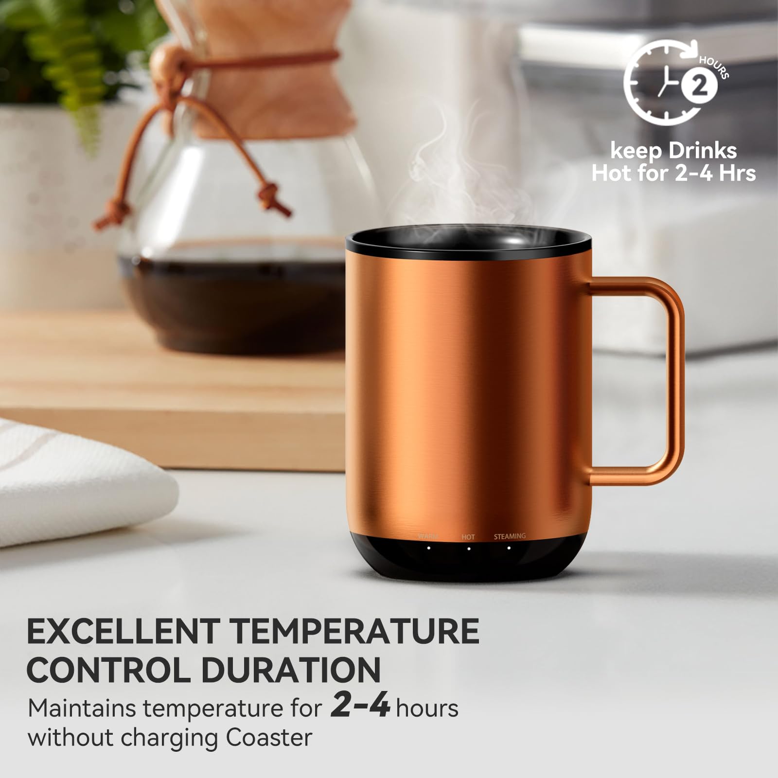 VSITOO Smart Self-Heating Coffee Mug with Temperature Control - 3 Heat Settings, App & Manual Control, 180 Min Battery Life, Fast Wireless Charging (140℉, Copper, 14oz) - Perfect for Office, Travel & Home Use
