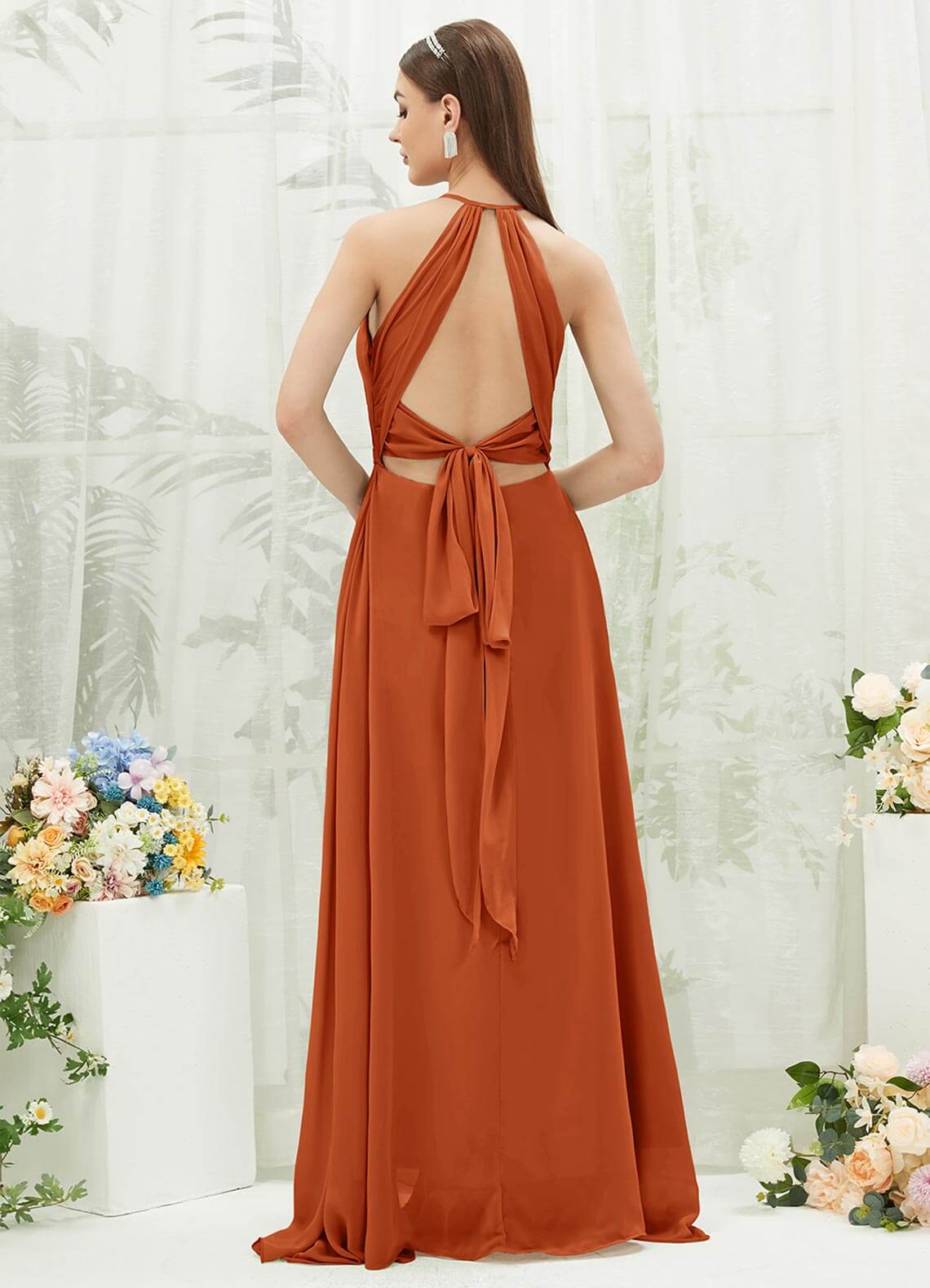 Elegant Burnt Orange Chiffon Halter Maxi Dress with V-Neck & Backless Design - Perfect for Bridesmaids, Beach Weddings & Summer Parties
