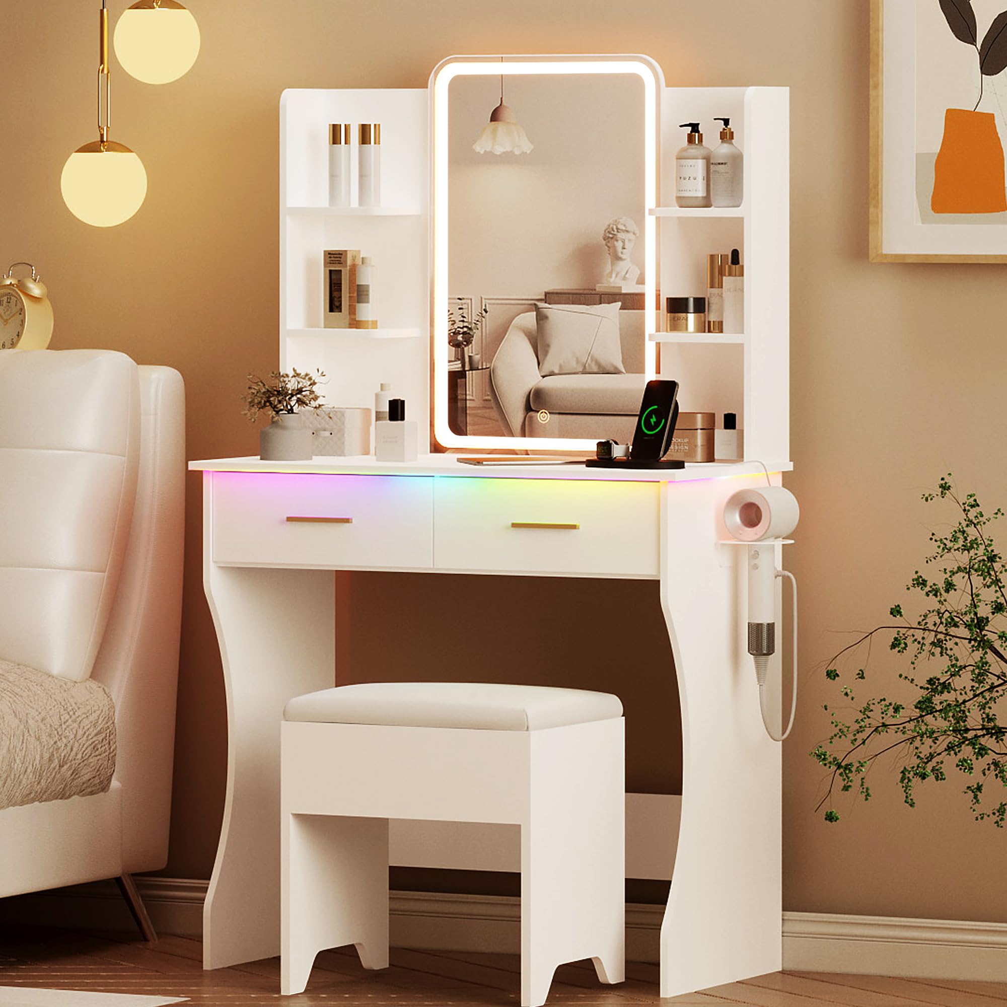 Vanity Desk with LED Lights Mirror & Power Outlet - Small Makeup Vanity Table Set with Storage Drawers & Chair - 3 Lighting Modes & Adjustable Brightness - White Dressing Table for Women & Girls Bedroom - Perfect for Makeup Application, Skincare Routine & Home Decor